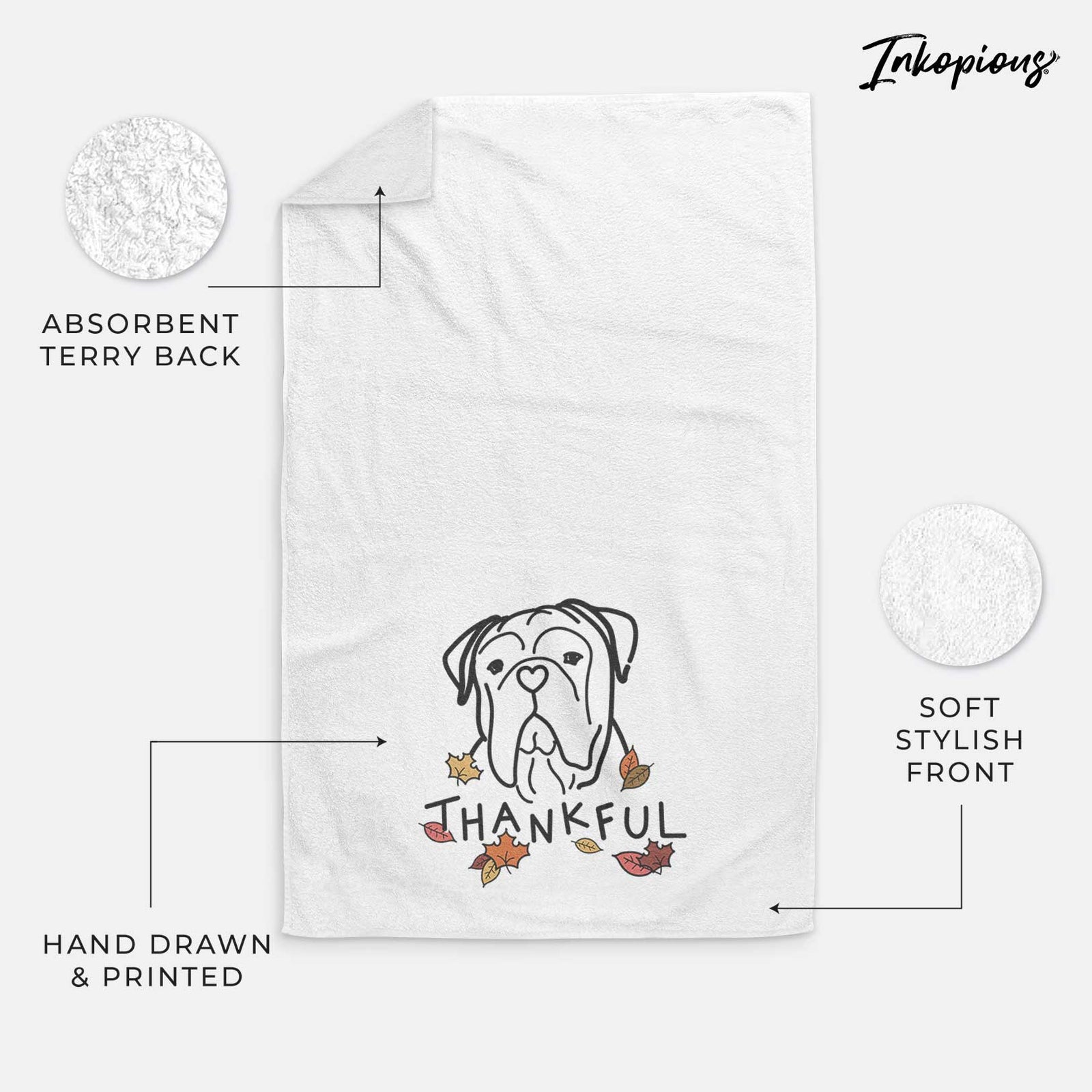 Minimalist line drawing of Vivian the Bull Mastiff with 'Thankful' lettering on a decorative hand towel