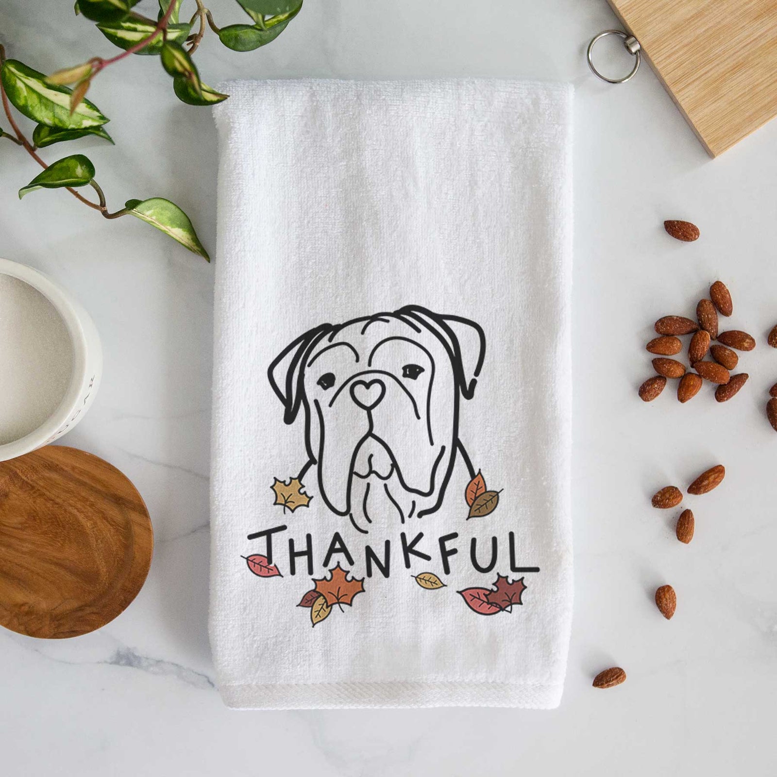Minimalist line drawing of Vivian the Bull Mastiff with 'Thankful' lettering on a decorative hand towel
