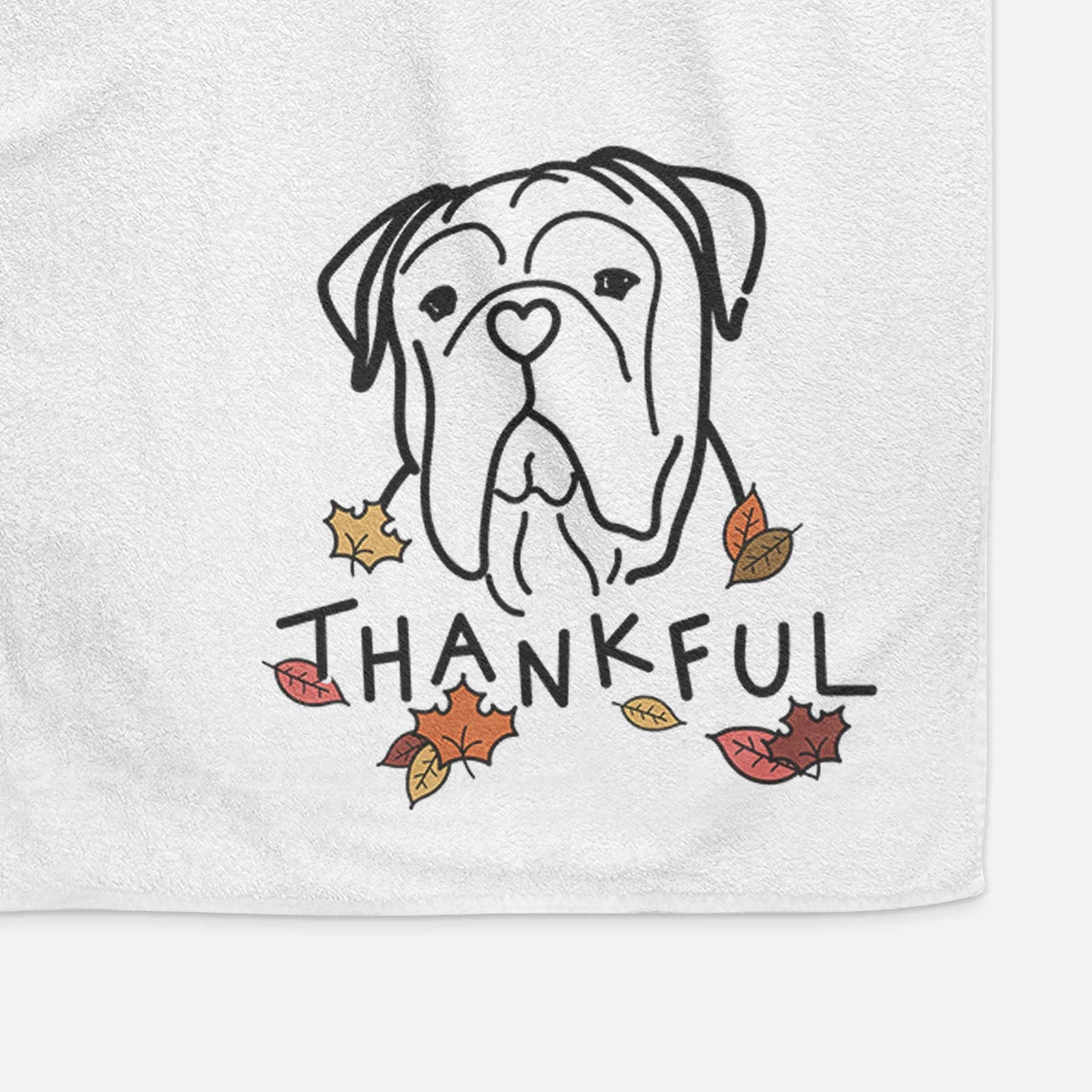 Minimalist line drawing of Vivian the Bull Mastiff with 'Thankful' lettering on a decorative hand towel