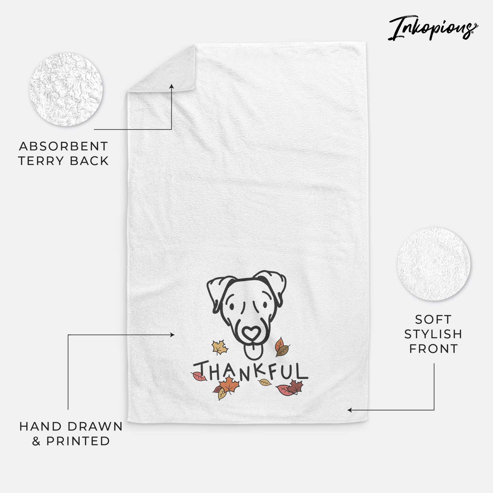 Minimalist line drawing of Cammy the Jack Russell Terrier with 'Thankful' lettering on a decorative hand towel