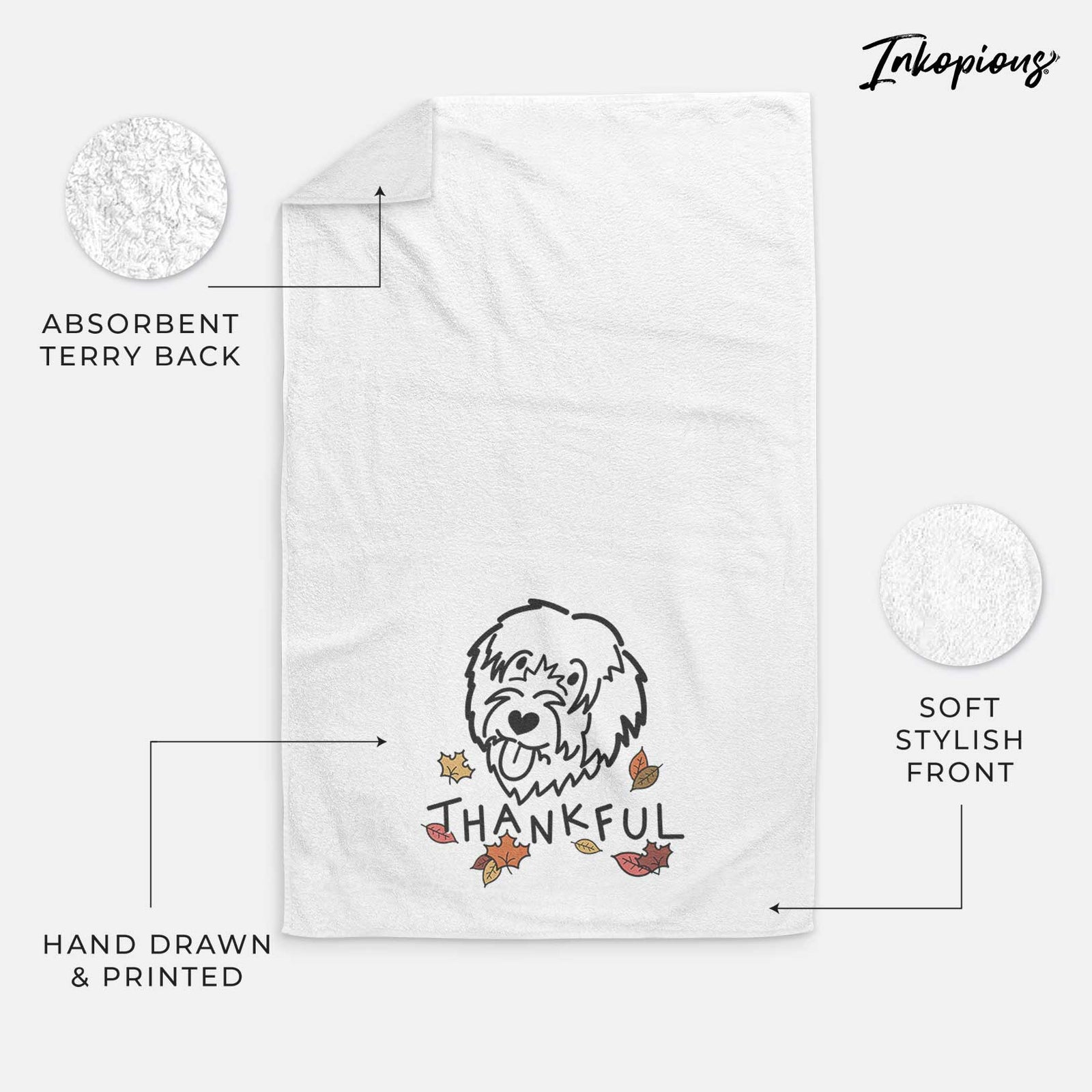 Minimalist line drawing of a Catalan Sheepdog with 'Thankful' lettering on a decorative hand towel