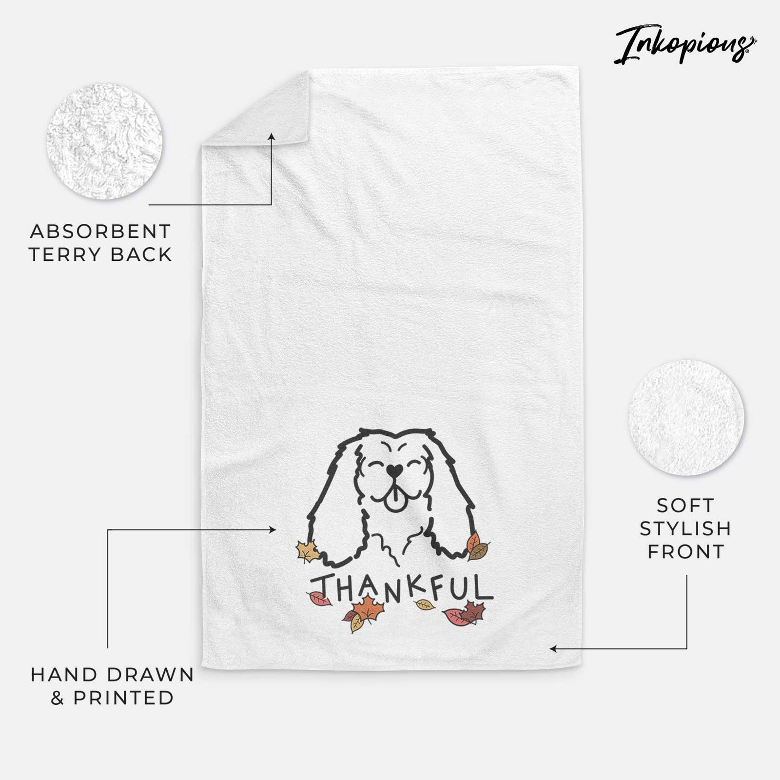 Minimalist line drawing of a Cavalier King Charles Spaniel with 'Thankful' lettering on a decorative hand towel