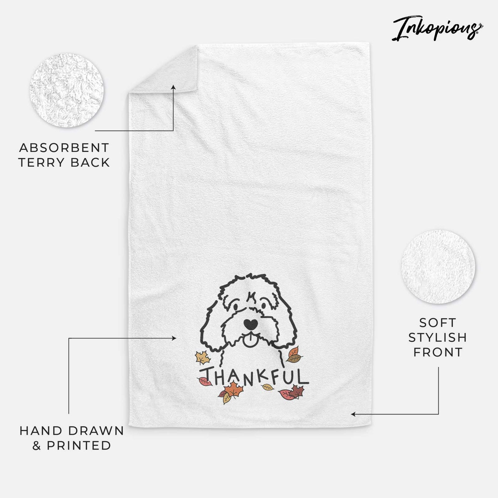 Minimalist line drawing of a Cavapoo with 'Thankful' lettering on a decorative hand towel