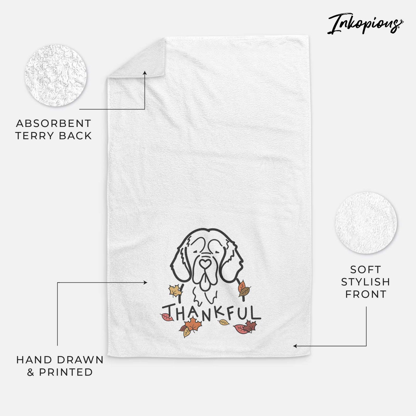 Minimalist line drawing of a Clumber Spaniel with 'Thankful' lettering on a decorative hand towel