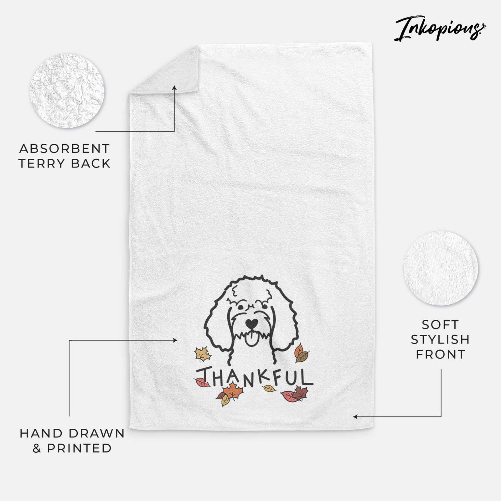 Minimalist line drawing of a Cockapoo with 'Thankful' lettering on a decorative hand towel