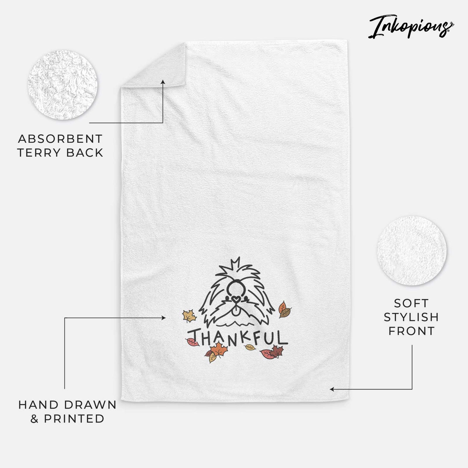 Minimalist line drawing of CoCo the Shih Tzu with 'Thankful' lettering on a decorative hand towel