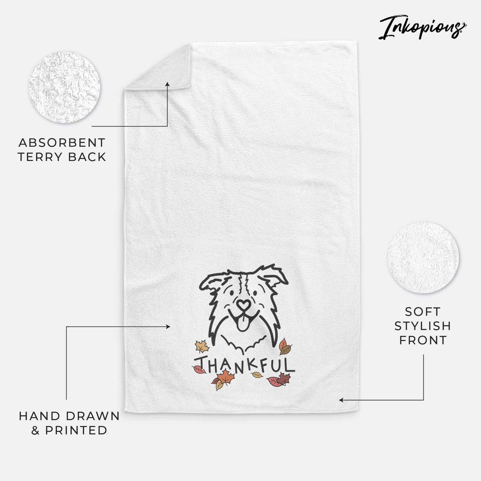 Minimalist line drawing of Cricket the Border Collie with 'Thankful' lettering on a decorative hand towel