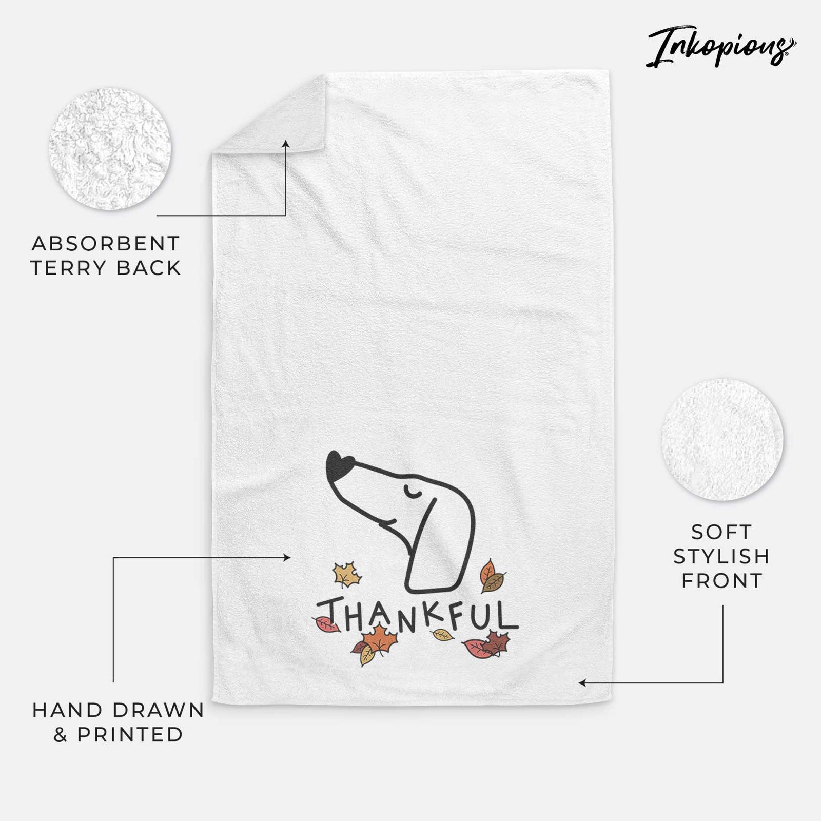 Minimalist line drawing of a Dachshund with 'Thankful' lettering on a decorative hand towel