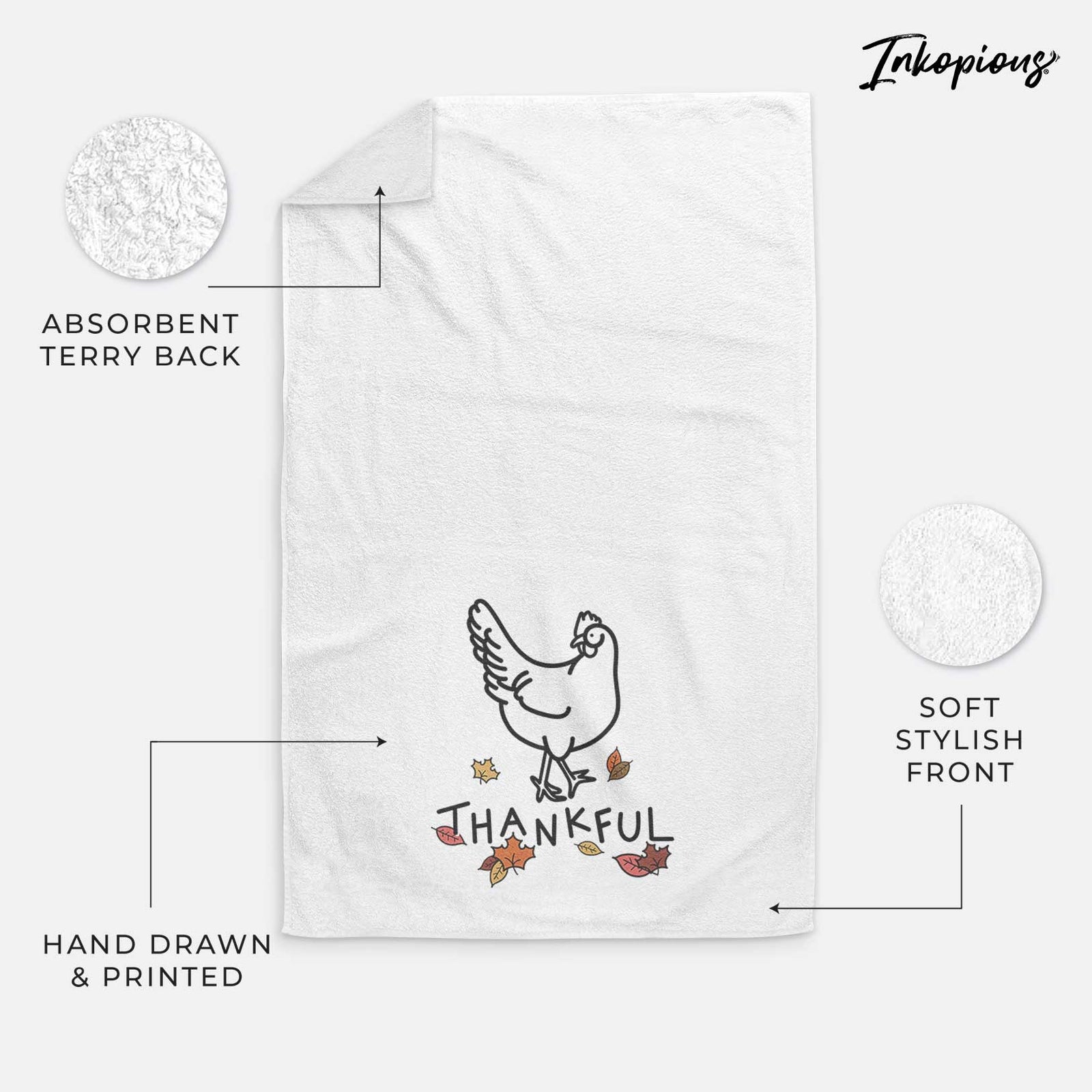 Minimalist line drawing of Daisy the Chicken with 'Thankful' lettering on a decorative hand towel