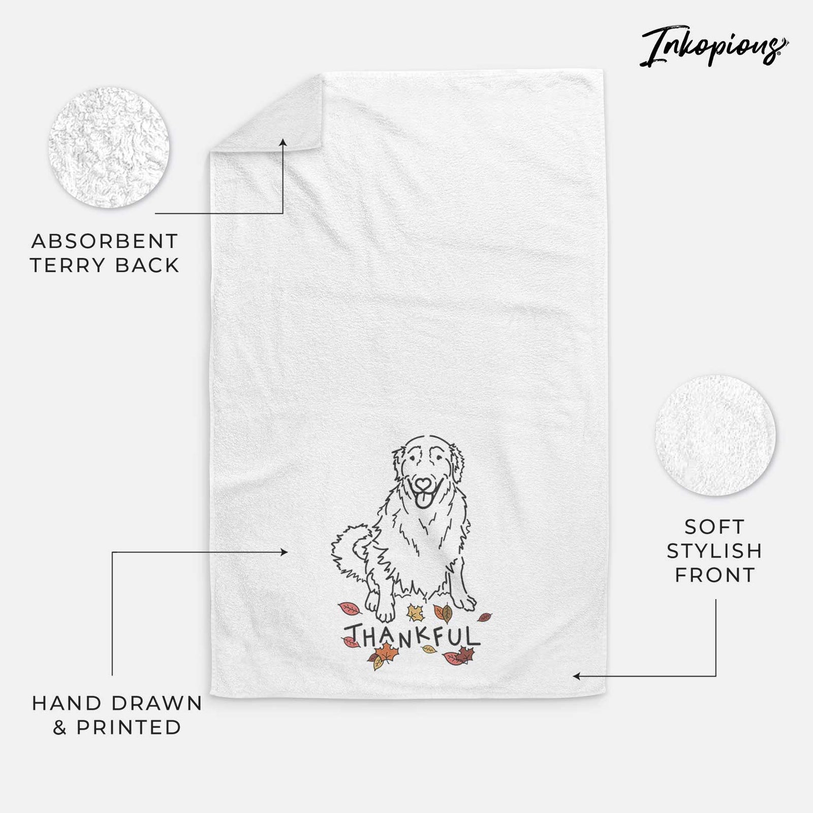 Minimalist line drawing of Daisy the Golden Retriever with 'Thankful' lettering on a decorative hand towel
