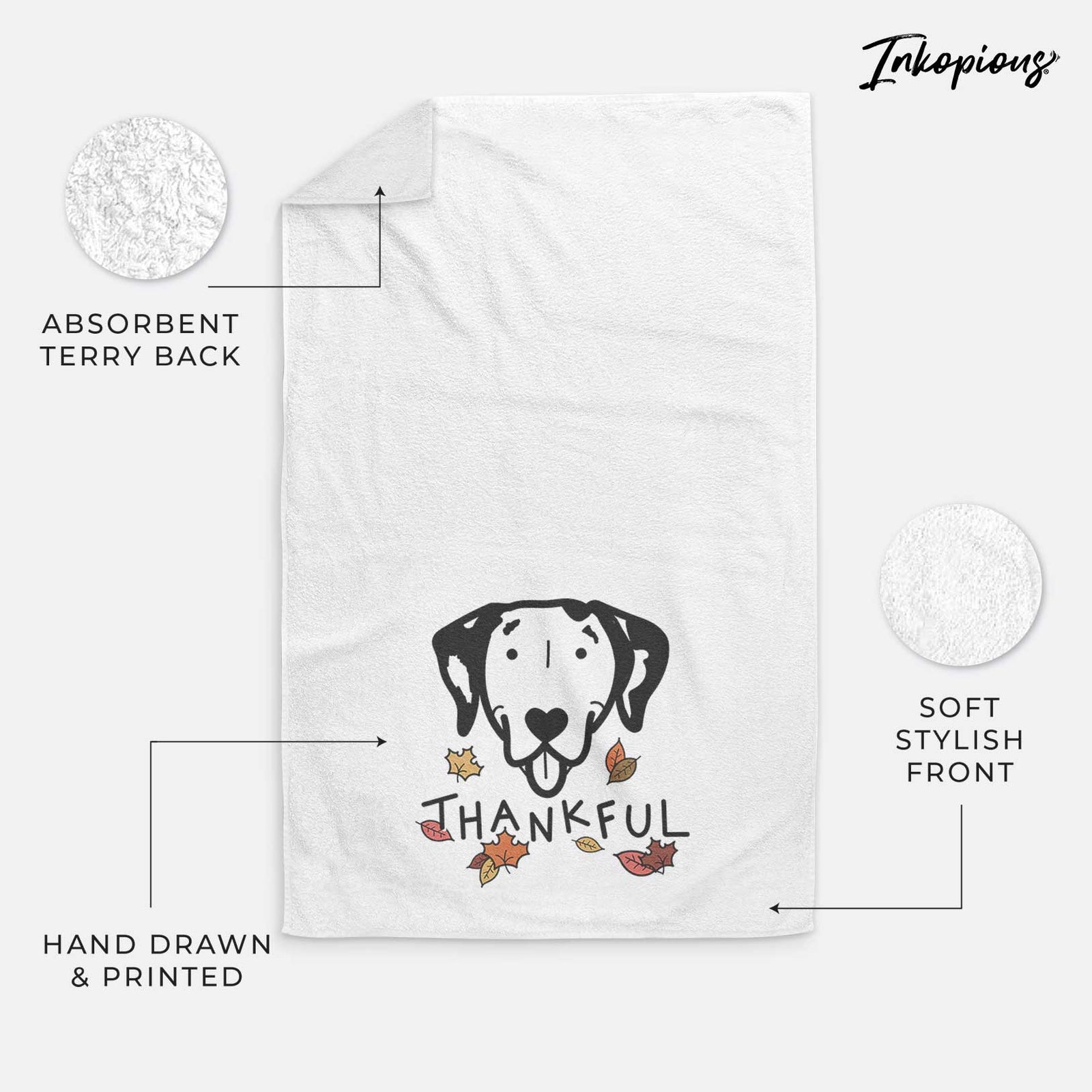 Minimalist line drawing of a Dalmatian with 'Thankful' lettering on a decorative hand towel