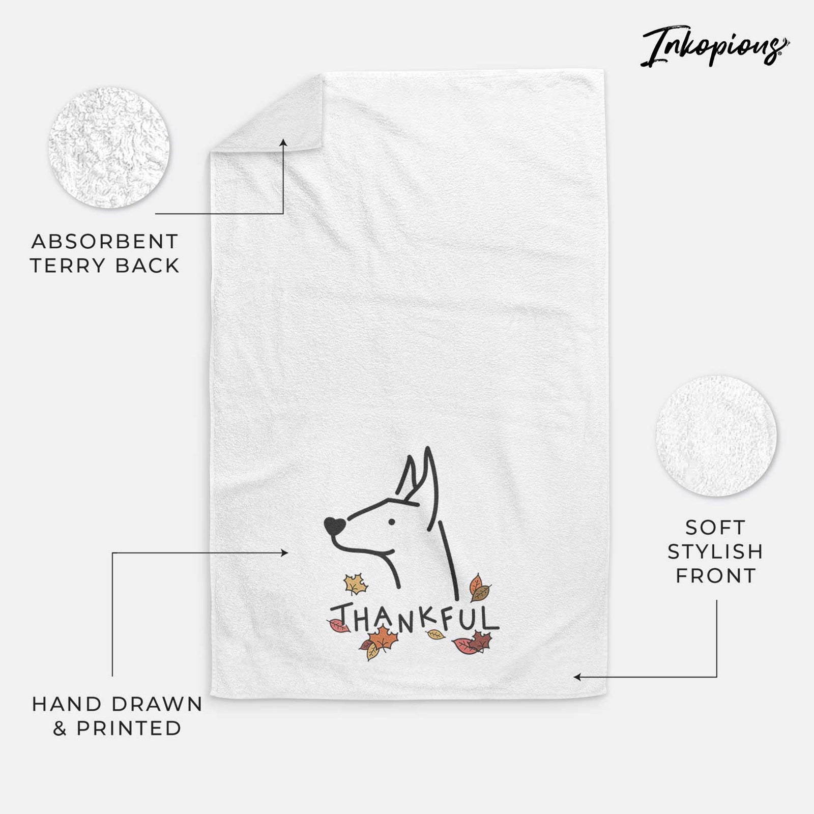 Minimalist line drawing of a Doberman Pinscher with 'Thankful' lettering on a decorative hand towel