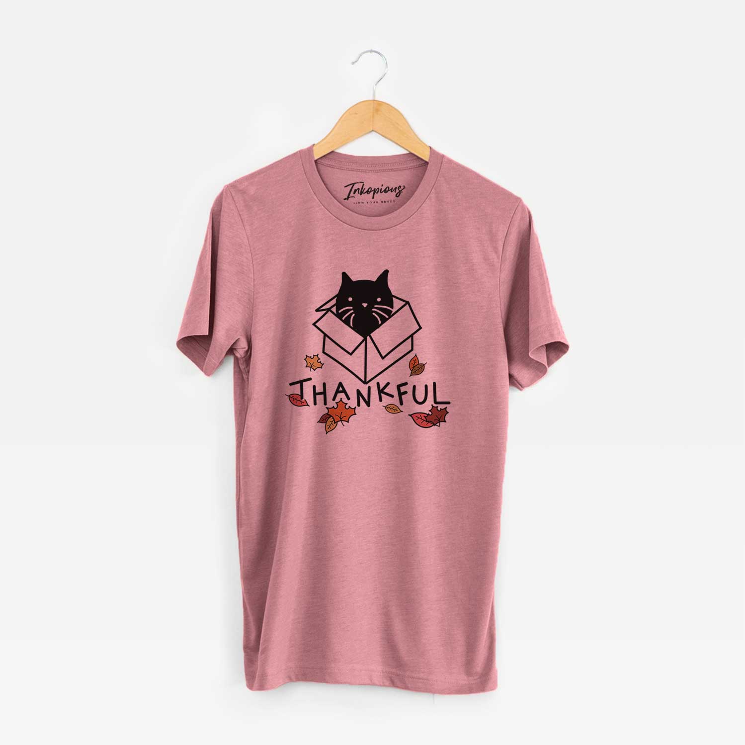 Minimalist line drawing of Doc the Black Cat in a Box with 'Thankful' lettering on a Mauve Unisex crewneck