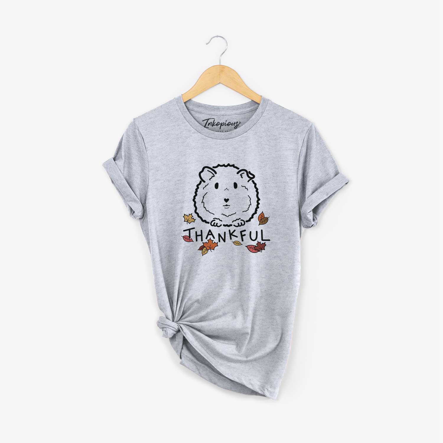 Minimalist line drawing of Duke the Guinea Pig with 'Thankful' lettering on a Grey Unisex crewneck