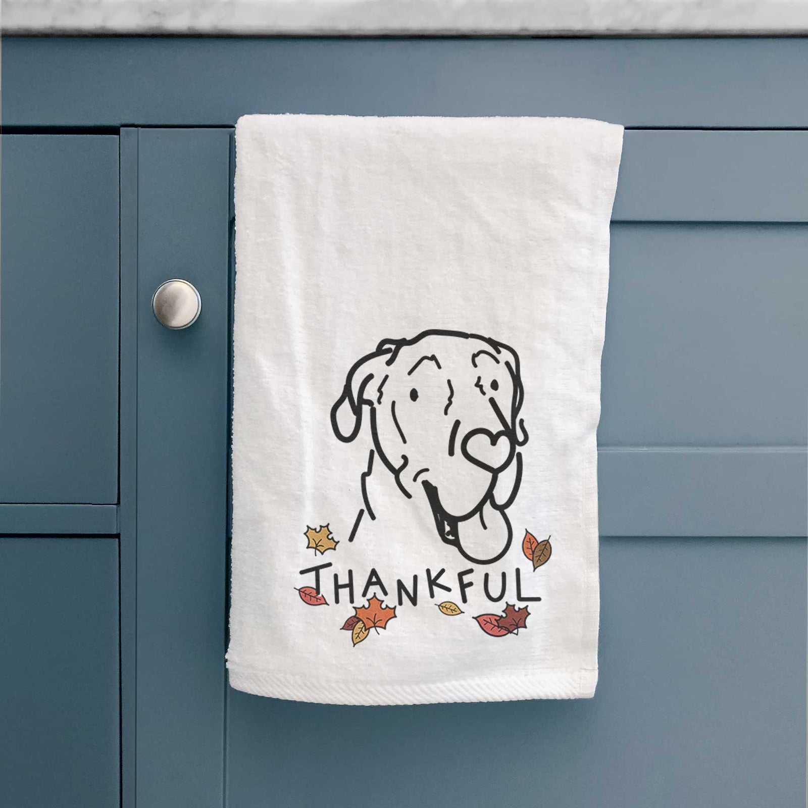 Minimalist line drawing of Duncan the Great Dane with 'Thankful' lettering on a decorative hand towel