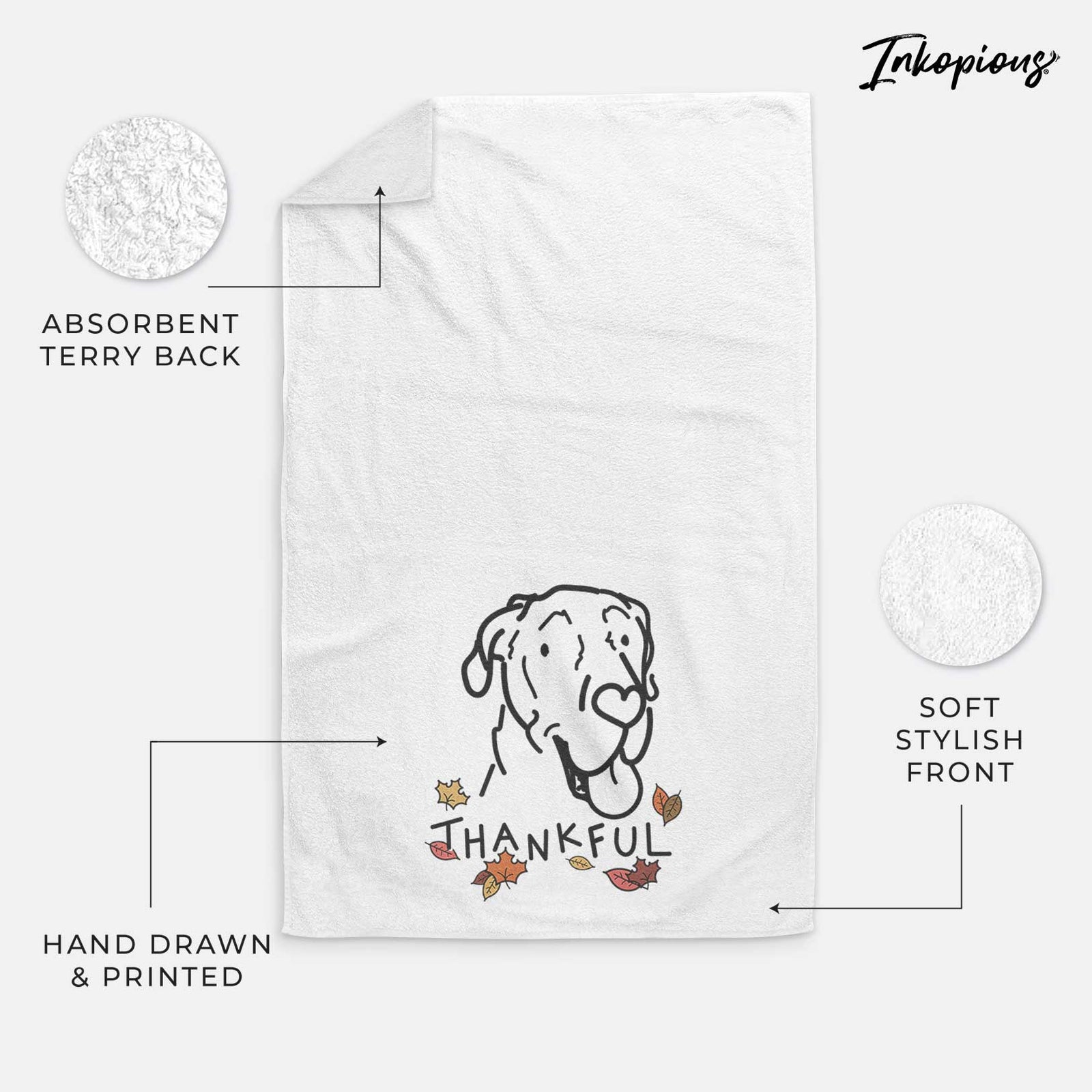 Minimalist line drawing of Duncan the Great Dane with 'Thankful' lettering on a decorative hand towel