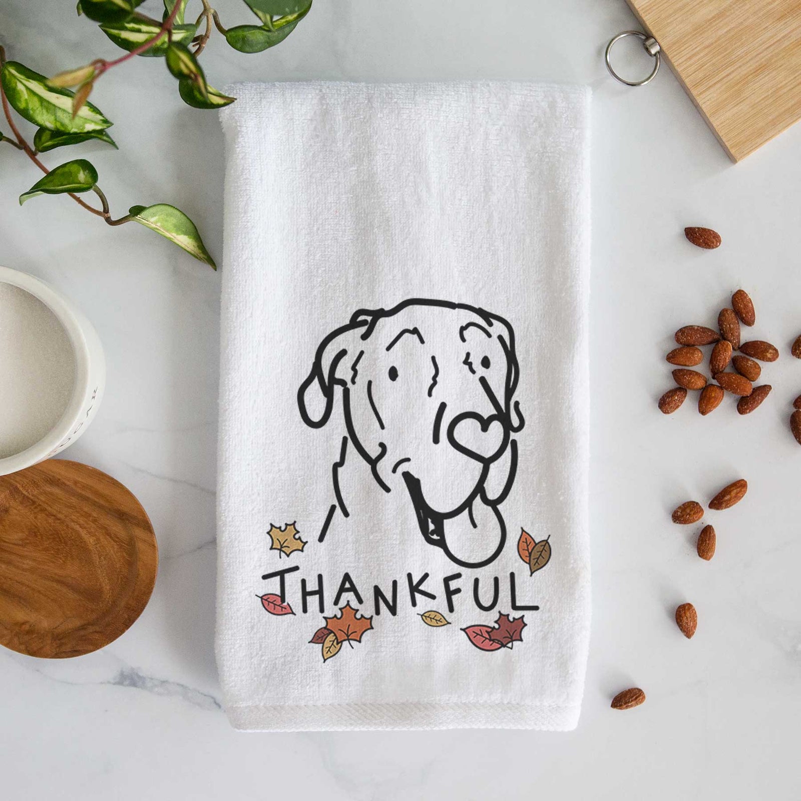 Minimalist line drawing of Duncan the Great Dane with 'Thankful' lettering on a decorative hand towel