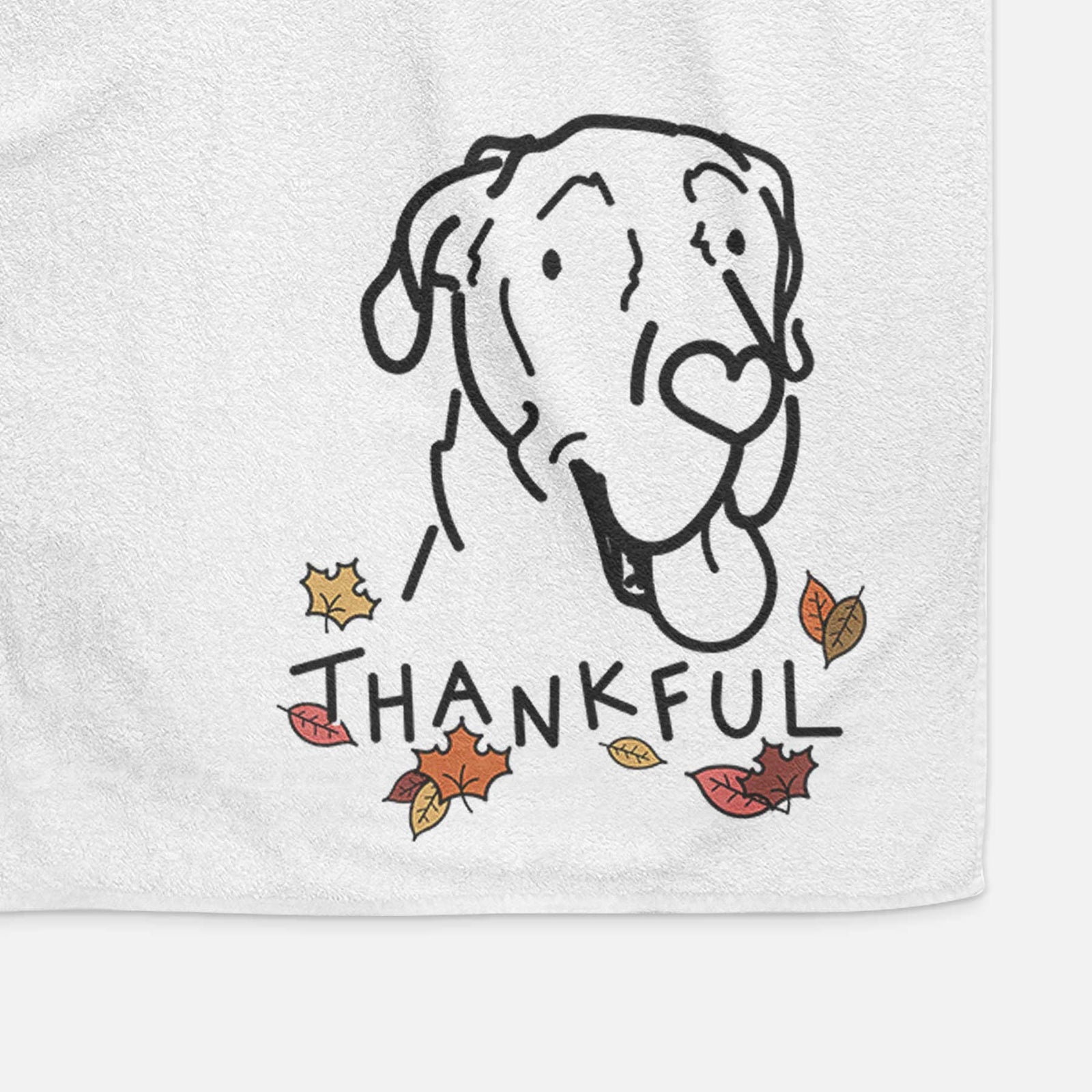 Minimalist line drawing of Duncan the Great Dane with 'Thankful' lettering on a decorative hand towel