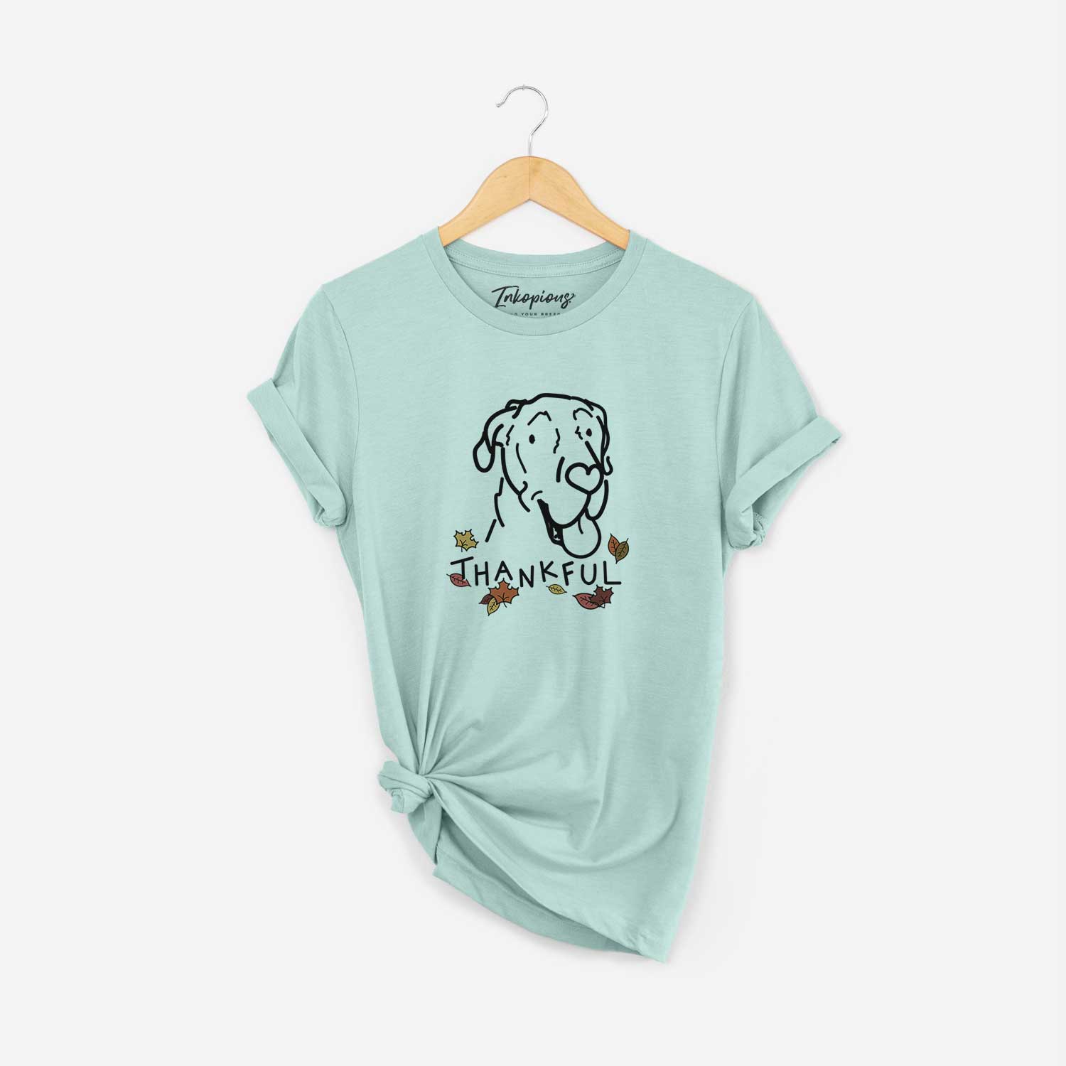 Minimalist line drawing of Duncan the Great Dane with 'Thankful' lettering on a Heather Sage Unisex crewneck