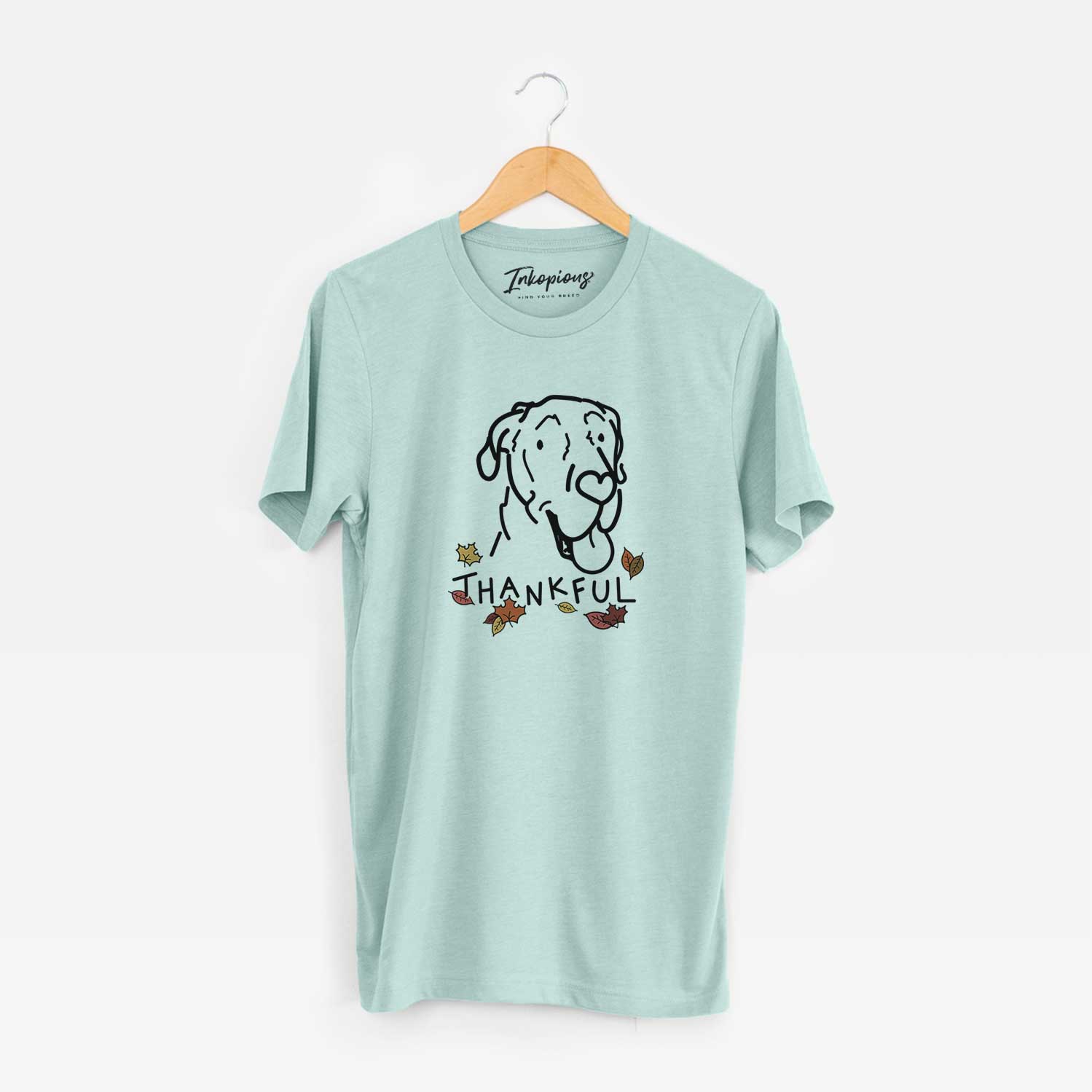 Minimalist line drawing of Duncan the Great Dane with 'Thankful' lettering on a Heather Sage Unisex crewneck