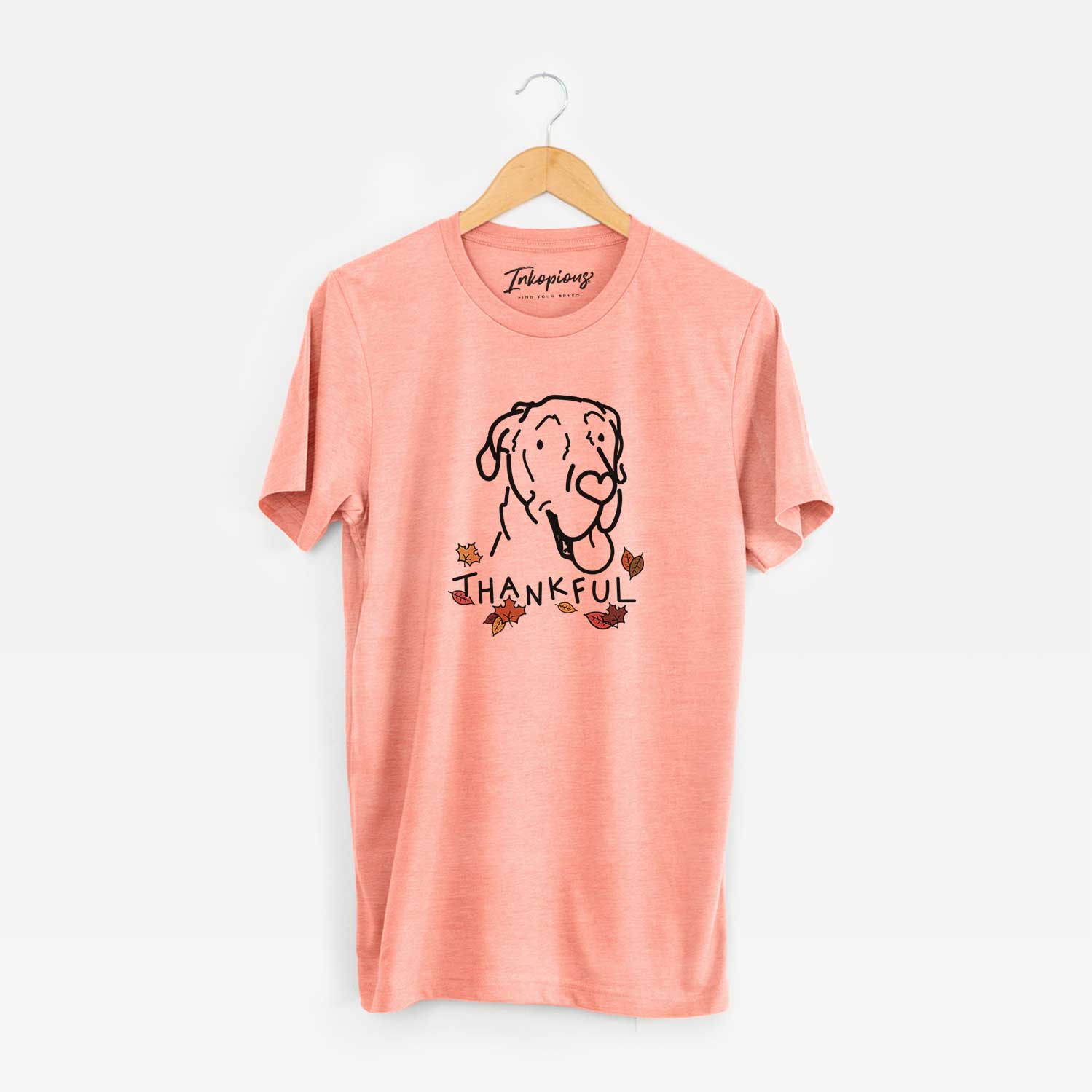 Minimalist line drawing of Duncan the Great Dane with 'Thankful' lettering on a Sunset Unisex crewneck