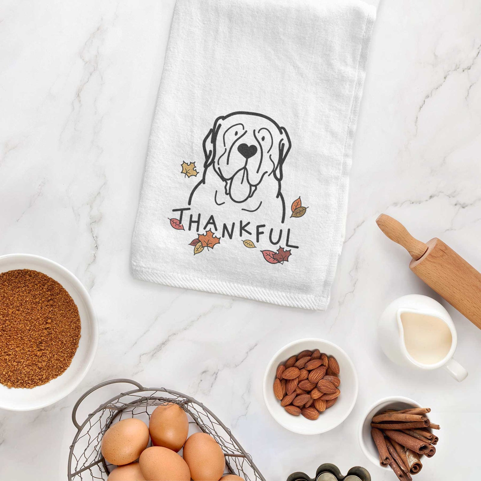 Minimalist line drawing of an English Mastiff with 'Thankful' lettering on a decorative hand towel