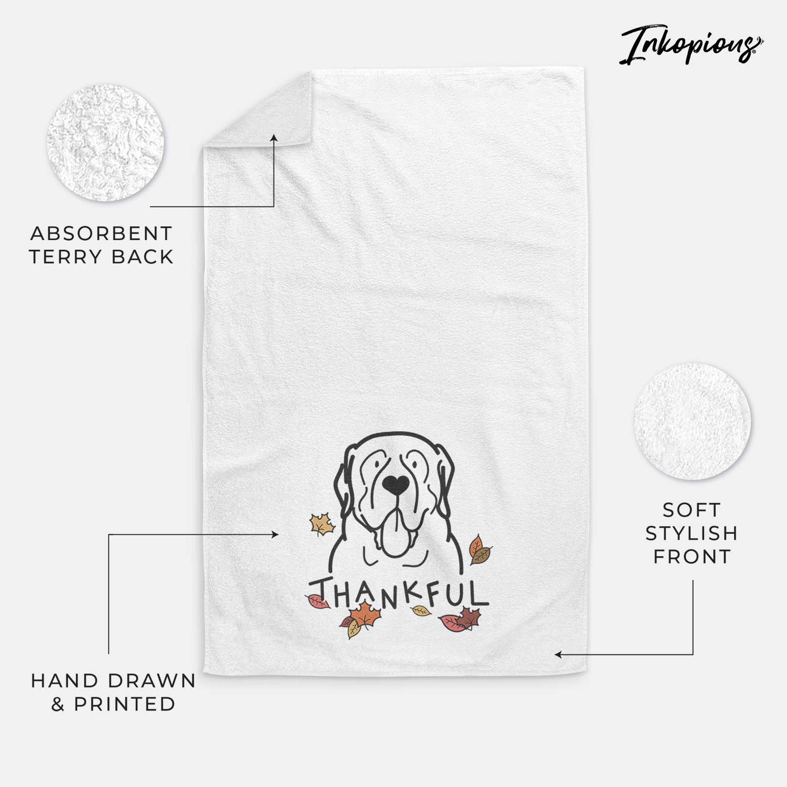 Minimalist line drawing of an English Mastiff with 'Thankful' lettering on a decorative hand towel