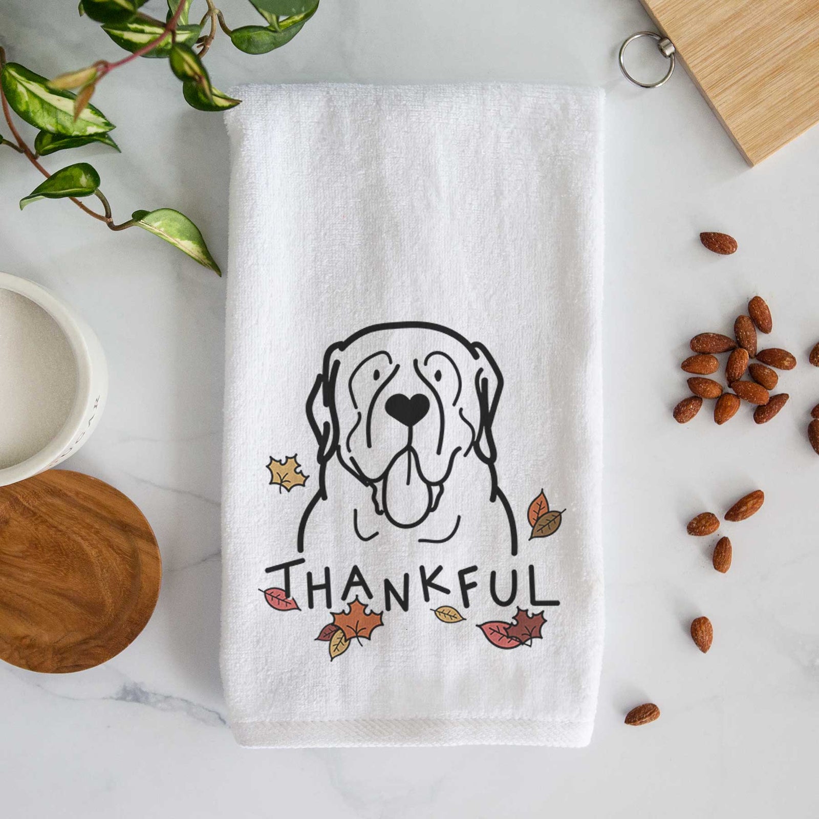 Minimalist line drawing of an English Mastiff with 'Thankful' lettering on a decorative hand towel