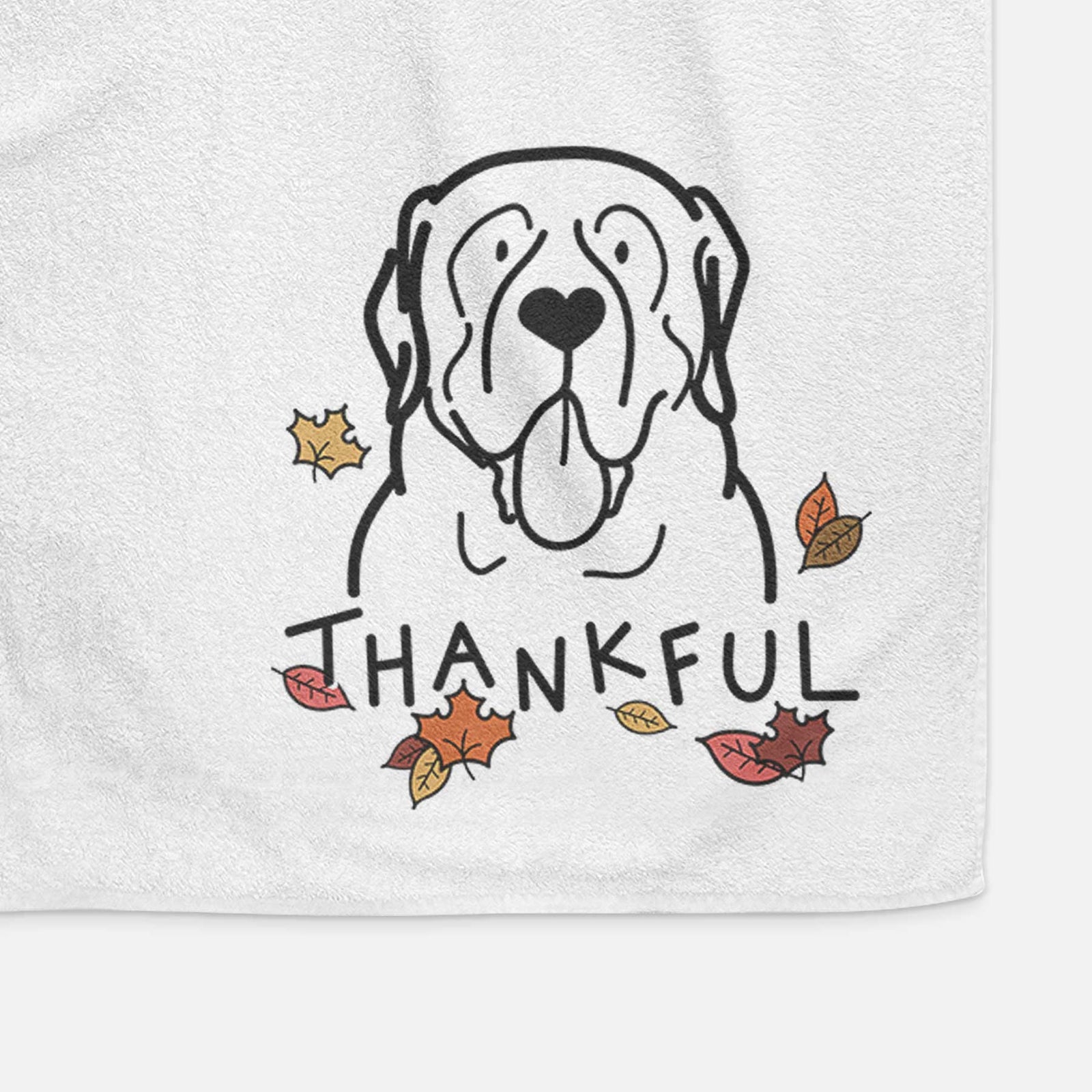 Minimalist line drawing of an English Mastiff with 'Thankful' lettering on a decorative hand towel