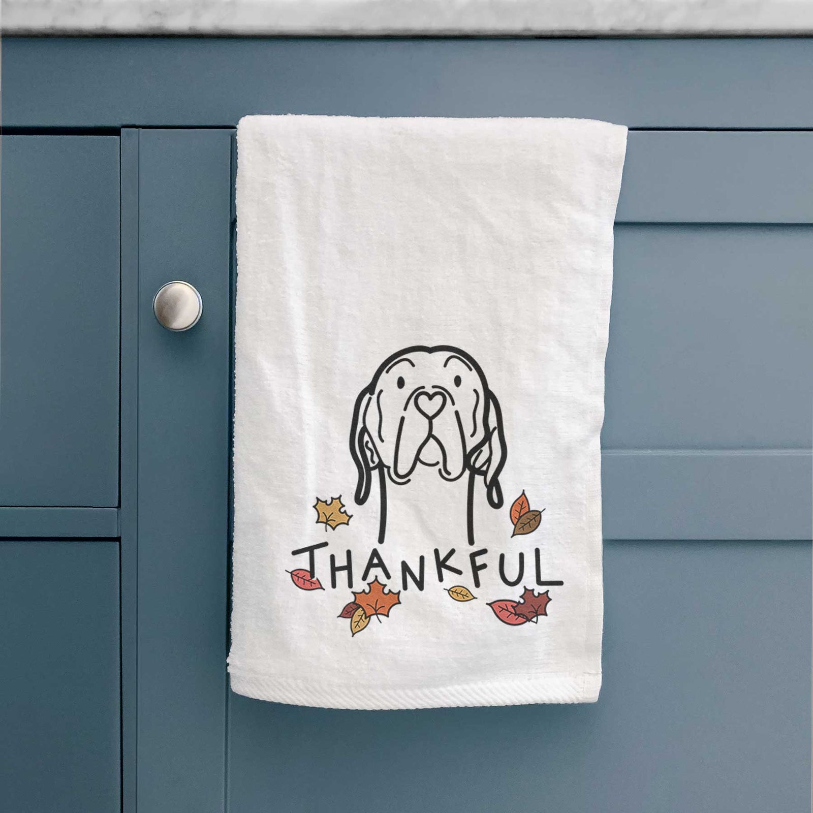 Minimalist line drawing of an English Pointer with 'Thankful' lettering on a decorative hand towel