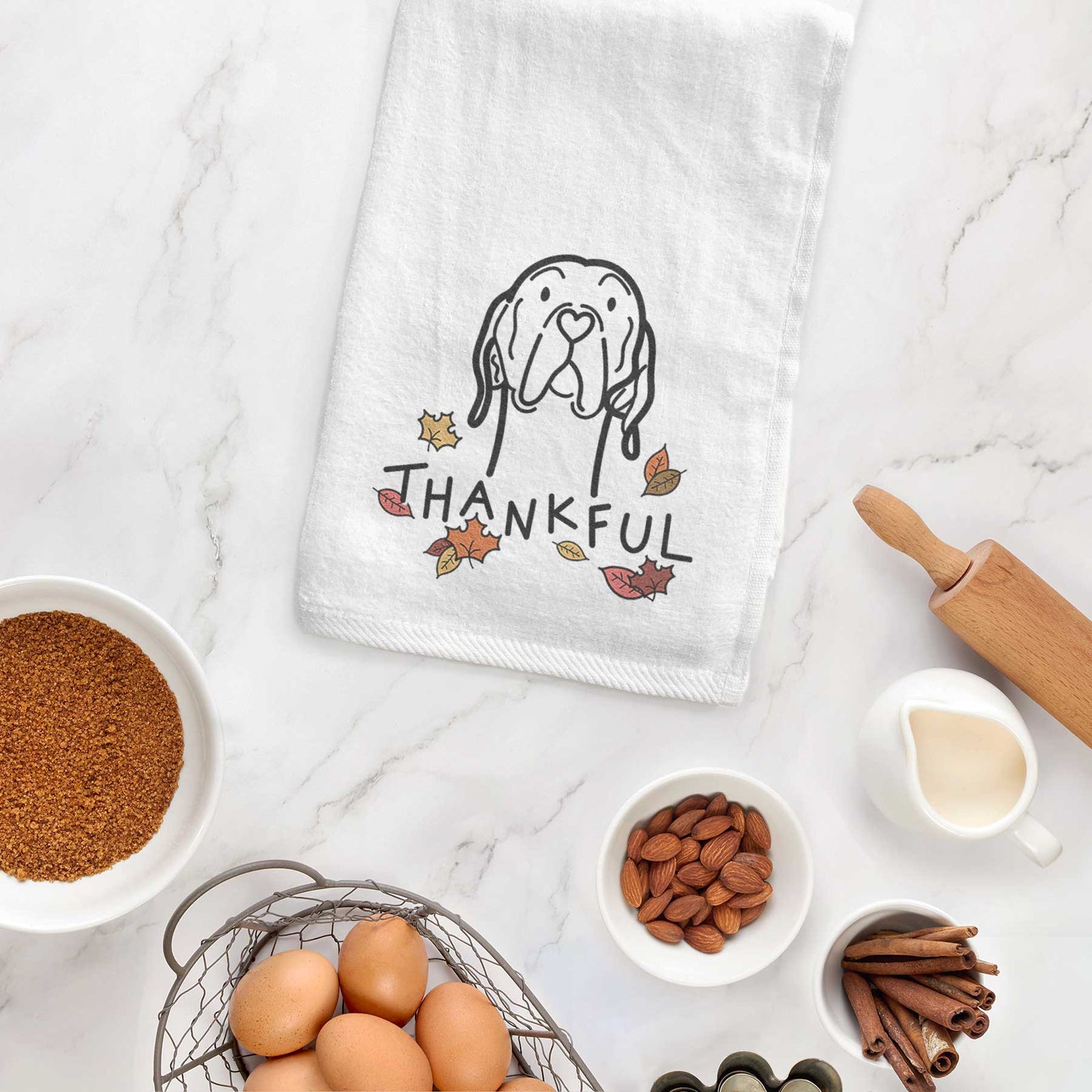 Minimalist line drawing of an English Pointer with 'Thankful' lettering on a decorative hand towel