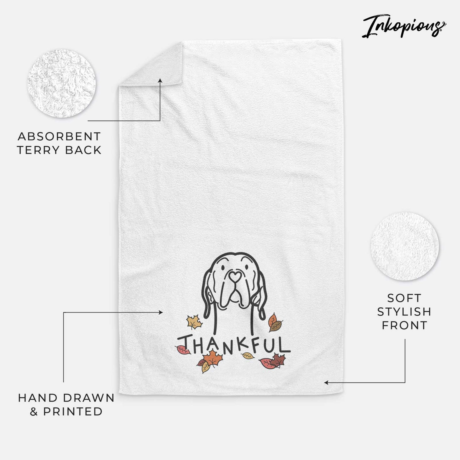 Minimalist line drawing of an English Pointer with 'Thankful' lettering on a decorative hand towel