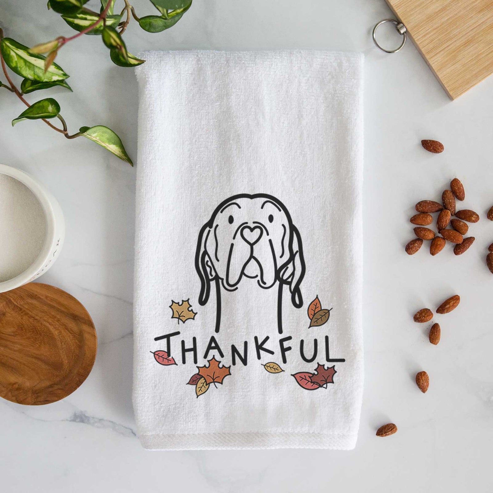 Minimalist line drawing of an English Pointer with 'Thankful' lettering on a decorative hand towel