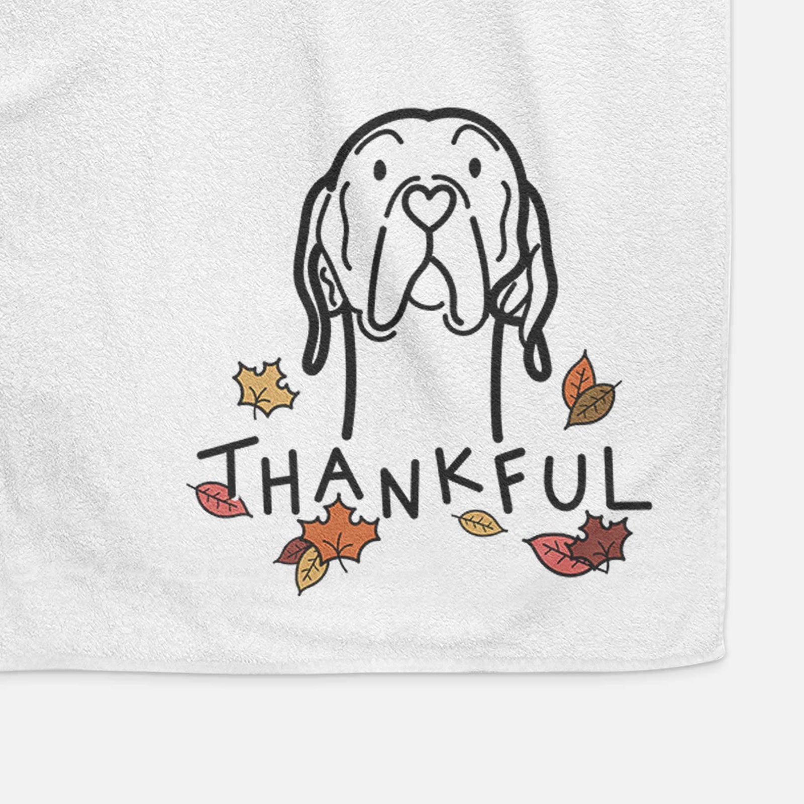 Minimalist line drawing of an English Pointer with 'Thankful' lettering on a decorative hand towel