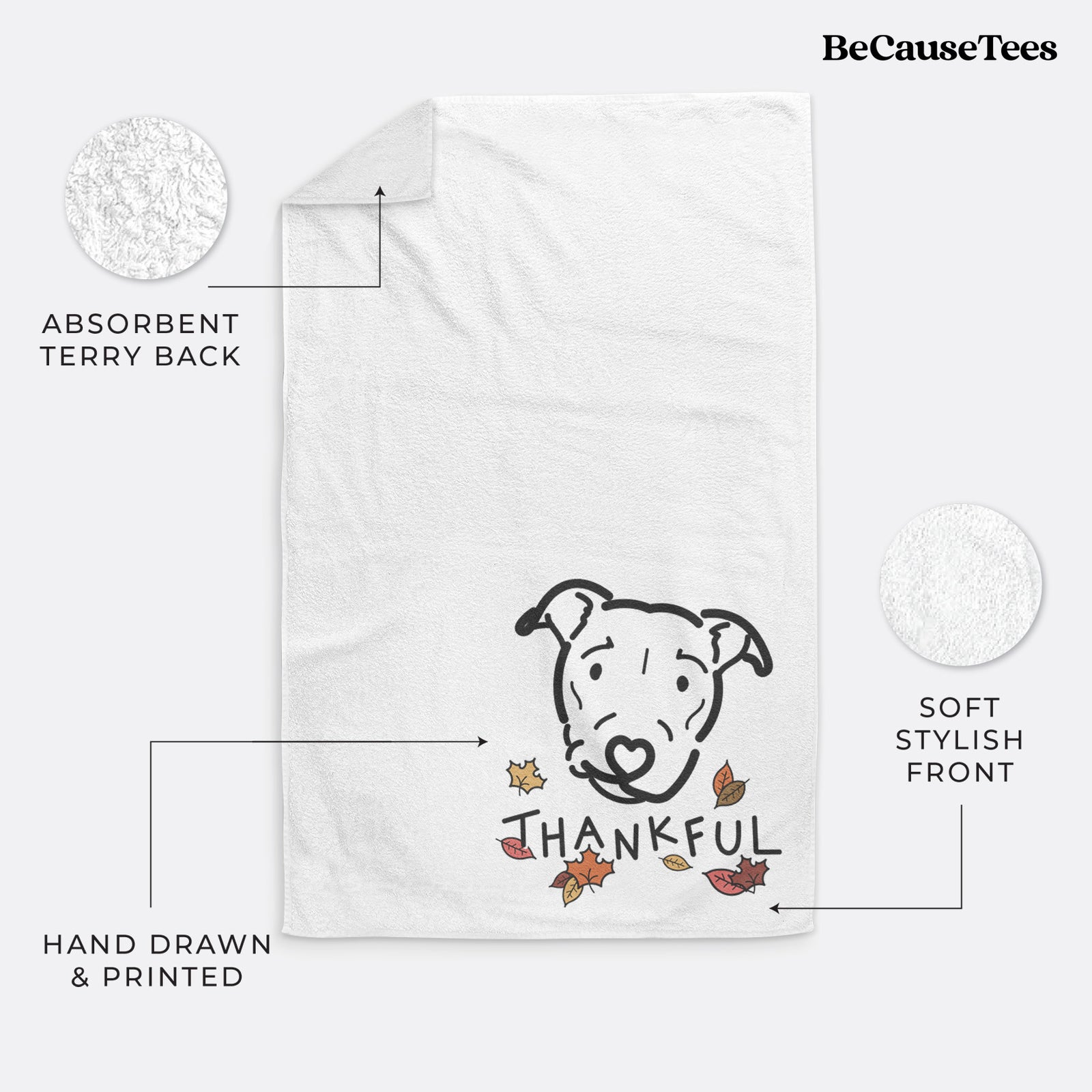 Minimalist line drawing of Ernie the Pitbull Mix with 'Thankful' lettering on a decorative hand towel