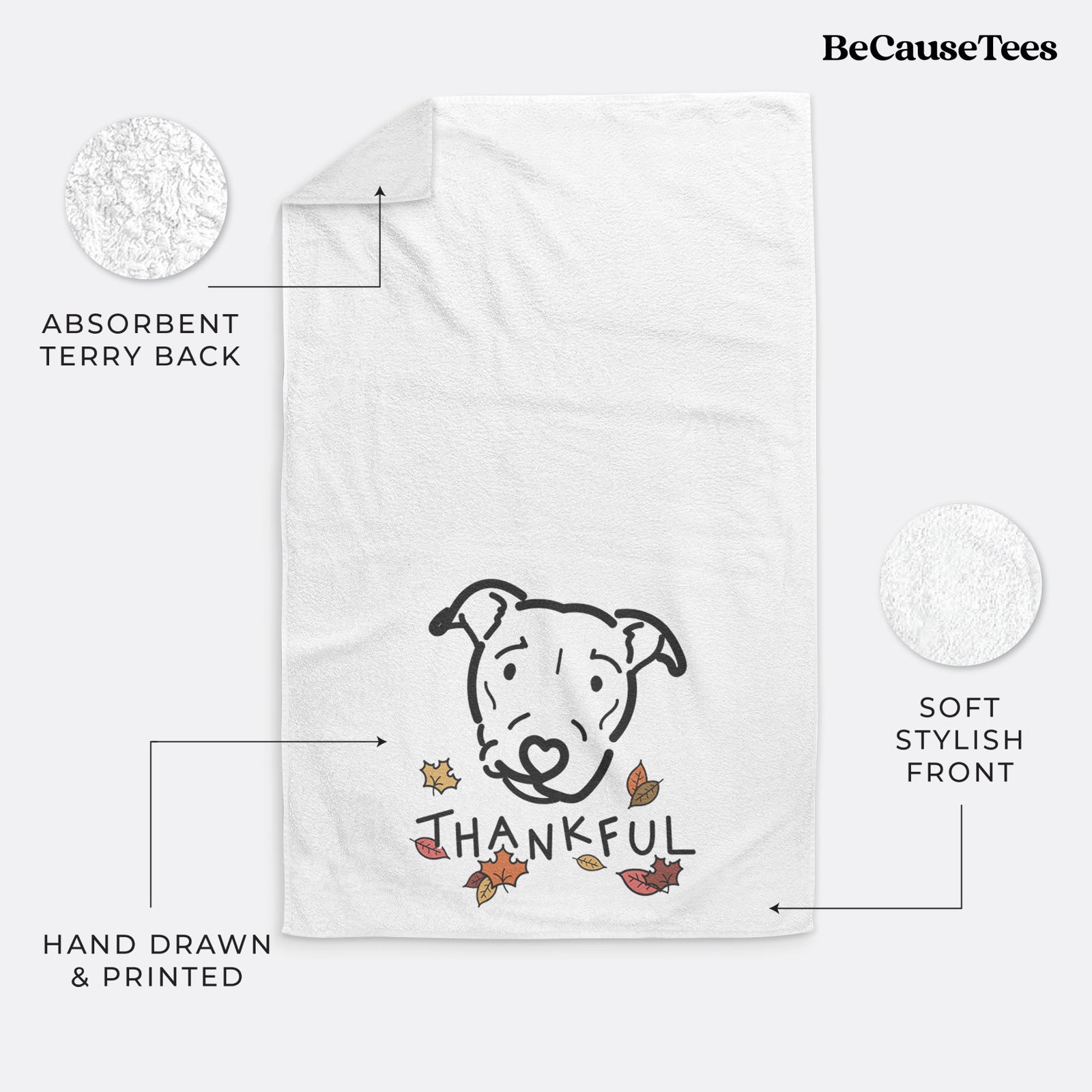 Minimalist line drawing of Ernie the Pitbull Mix with 'Thankful' lettering on a decorative hand towel
