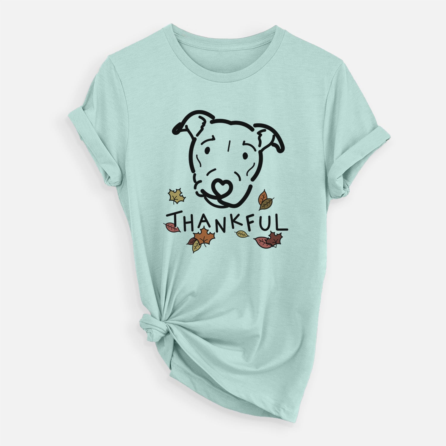 Minimalist line drawing of Ernie the Pitbull Mix with 'Thankful' lettering on a Heather Sage Unisex crewneck
