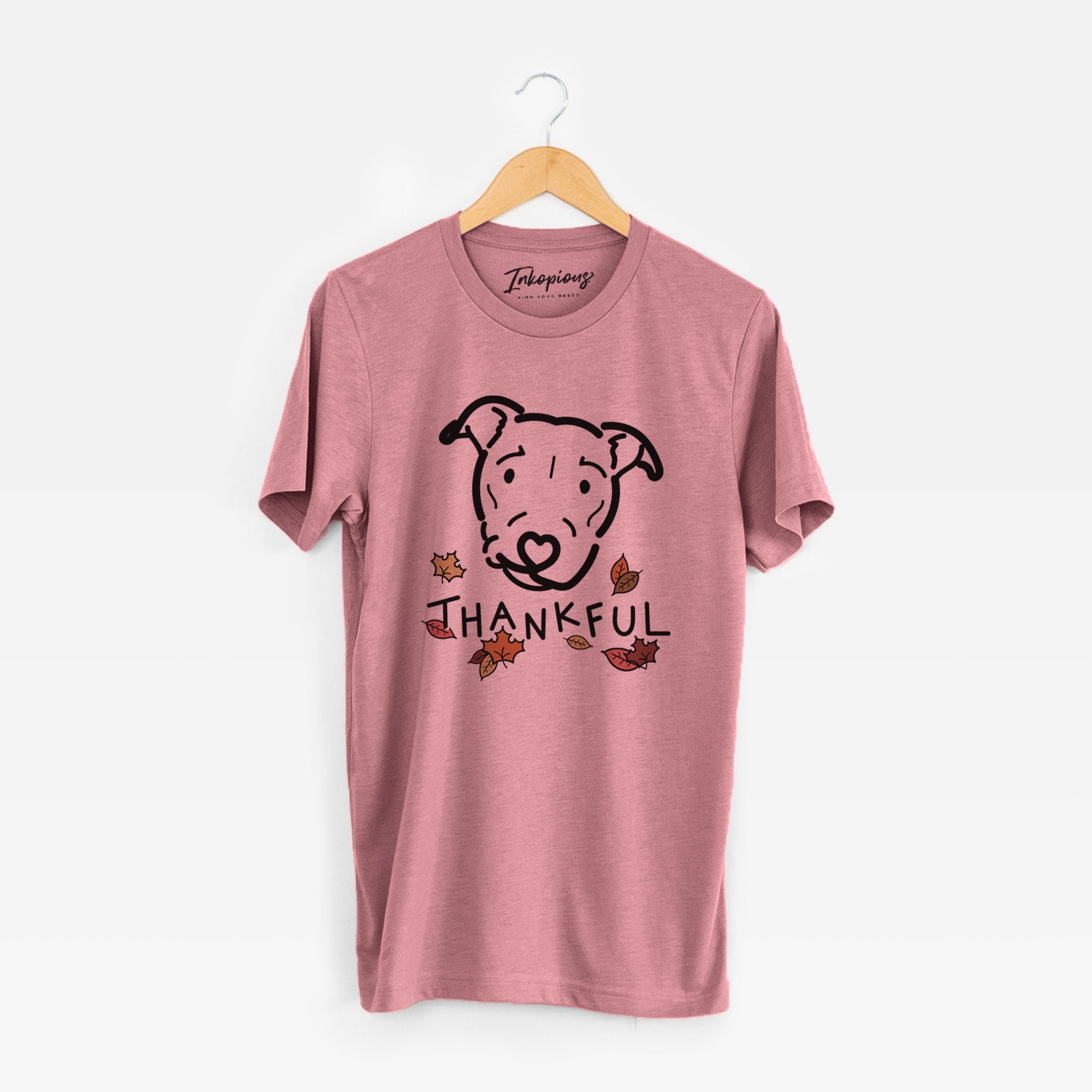 Minimalist line drawing of Ernie the Pitbull Mix with 'Thankful' lettering on a Mauve Unisex crewneck