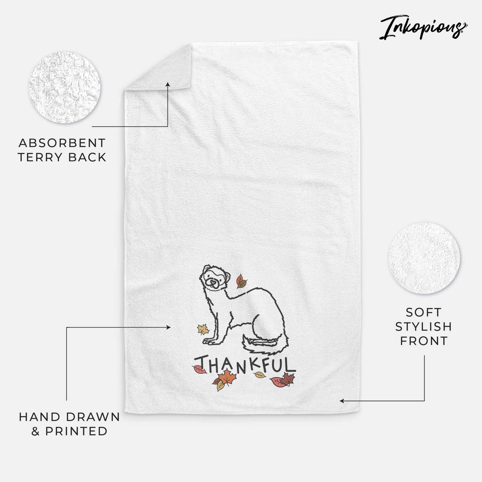 Minimalist line drawing of Fern the Ferret with 'Thankful' lettering on a decorative hand towel