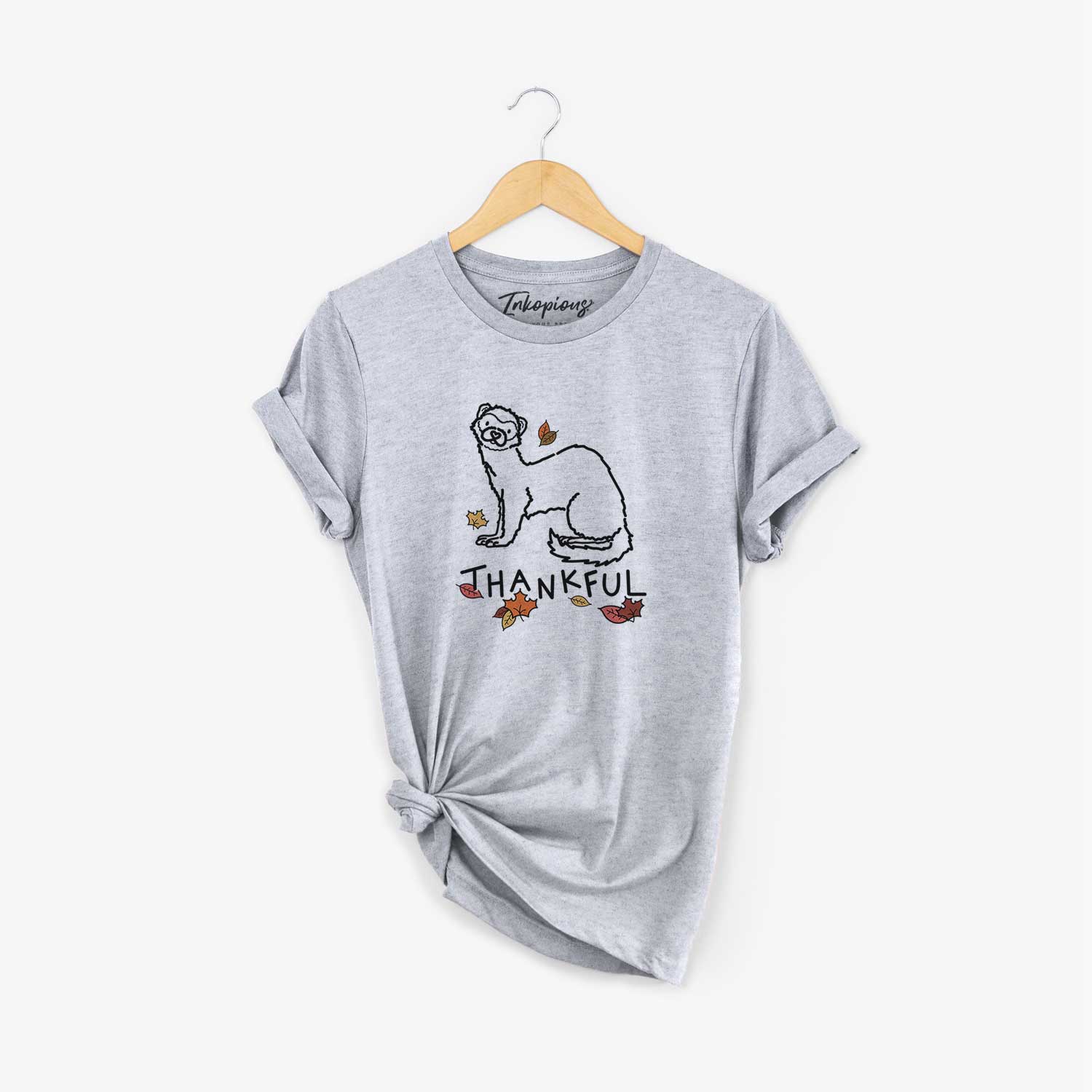 Minimalist line drawing of Fern the Ferret with 'Thankful' lettering on a Grey Unisex crewneck
