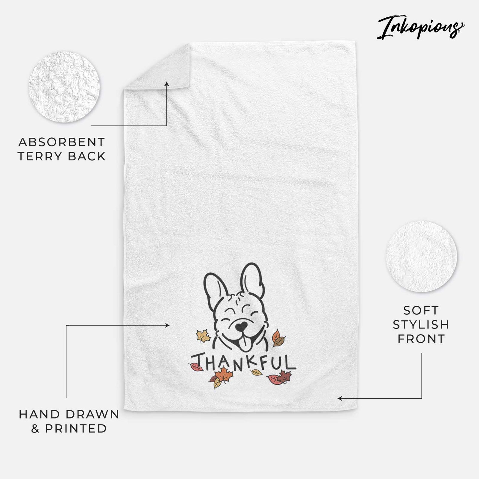 Minimalist line drawing of a French Bulldog with 'Thankful' lettering on a decorative hand towel