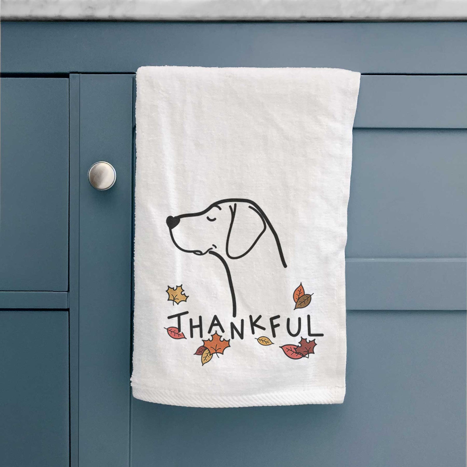 Minimalist line drawing of a German Shorthaired Pointer with 'Thankful' lettering on a decorative hand towel