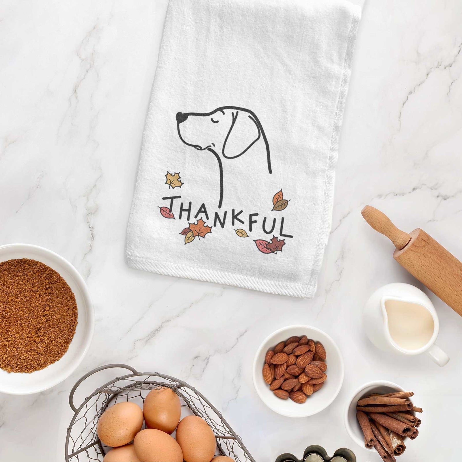 Minimalist line drawing of a German Shorthaired Pointer with 'Thankful' lettering on a decorative hand towel