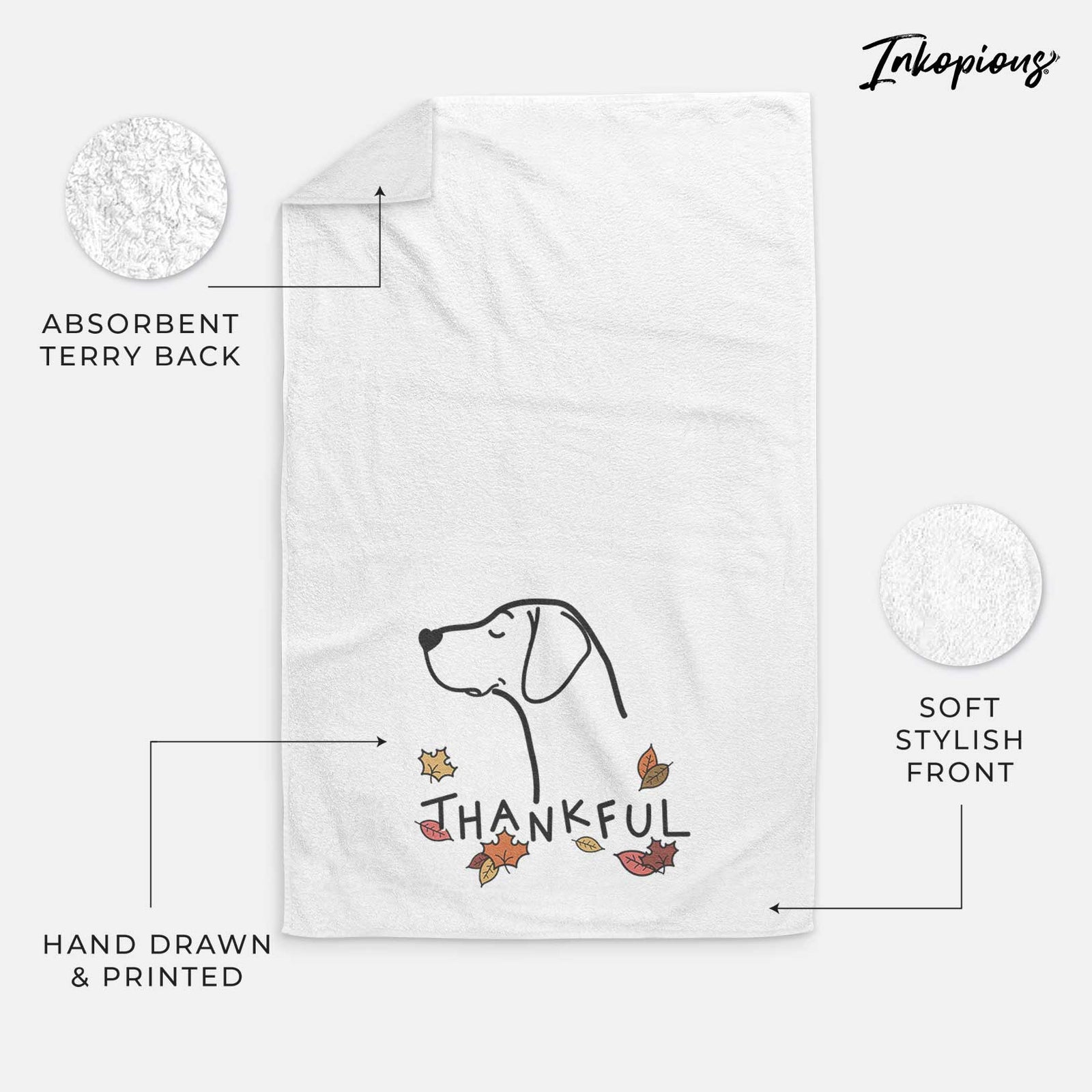 Minimalist line drawing of a German Shorthaired Pointer with 'Thankful' lettering on a decorative hand towel