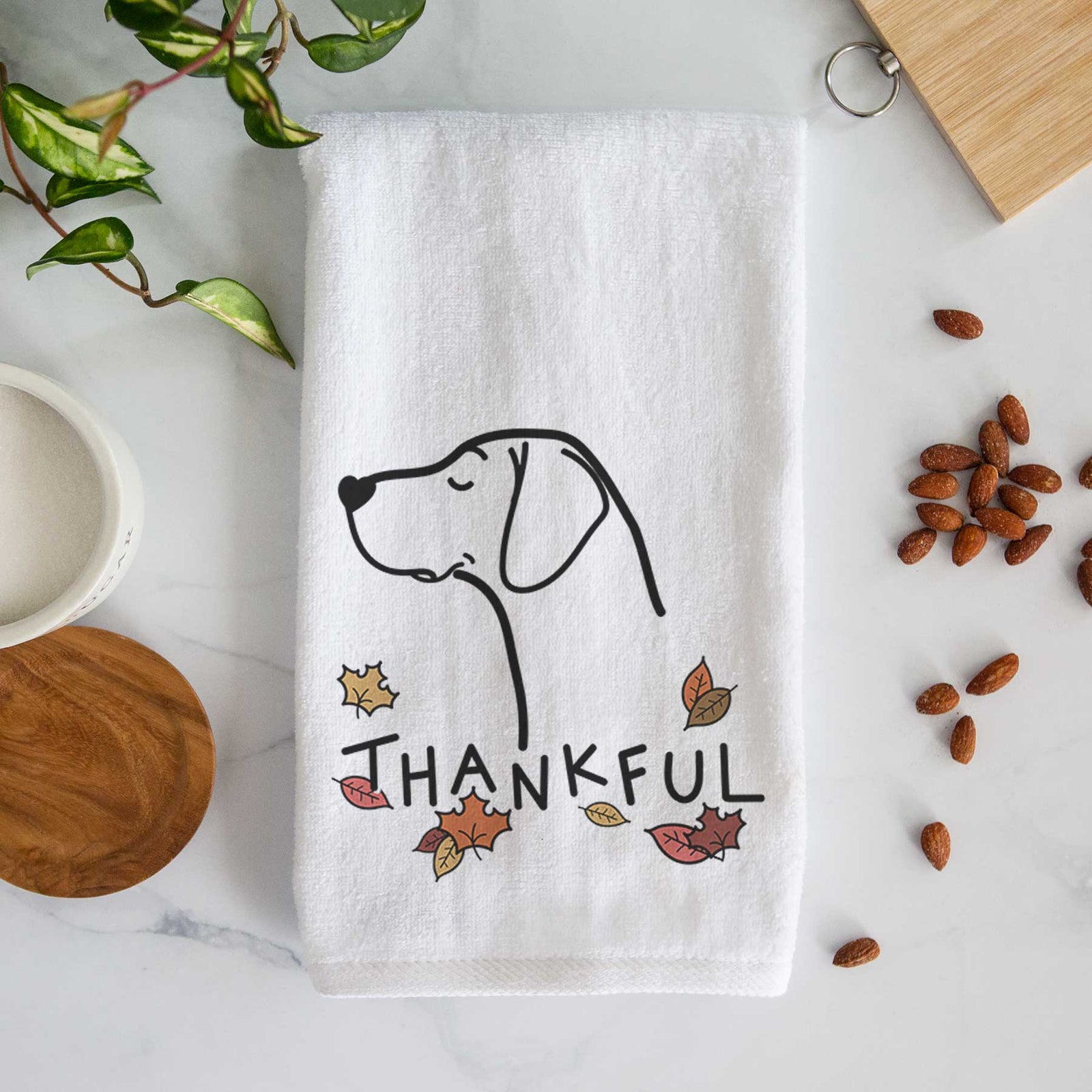 Minimalist line drawing of a German Shorthaired Pointer with 'Thankful' lettering on a decorative hand towel