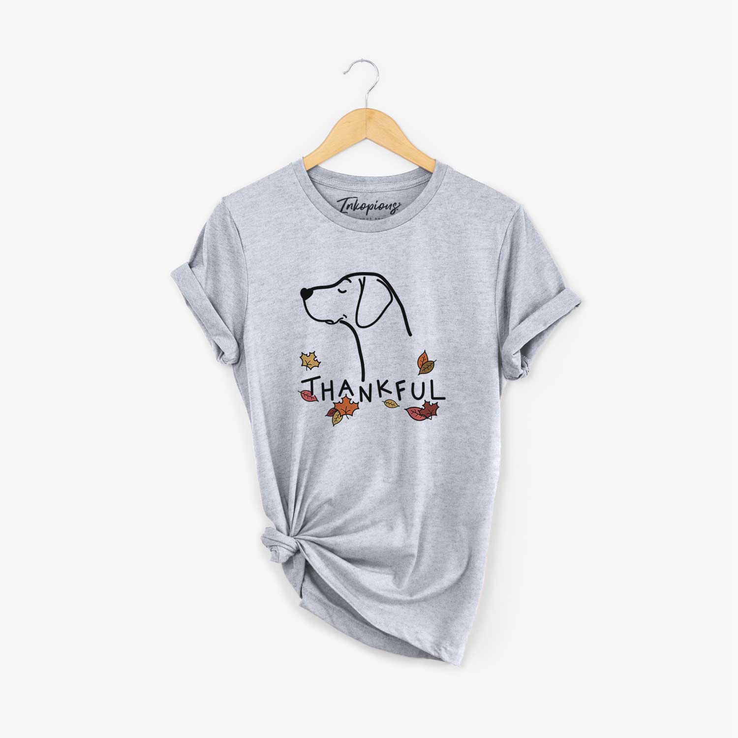 Minimalist line drawing of a German Shorthaired Pointer with 'Thankful' lettering on a Grey Unisex crewneck