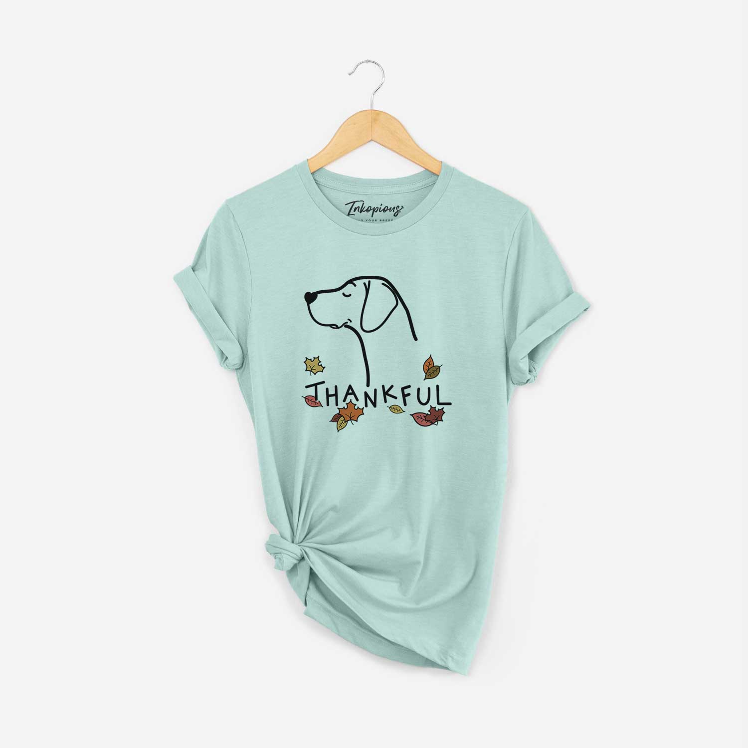 Minimalist line drawing of a German Shorthaired Pointer with 'Thankful' lettering on a Heather Sage Unisex crewneck