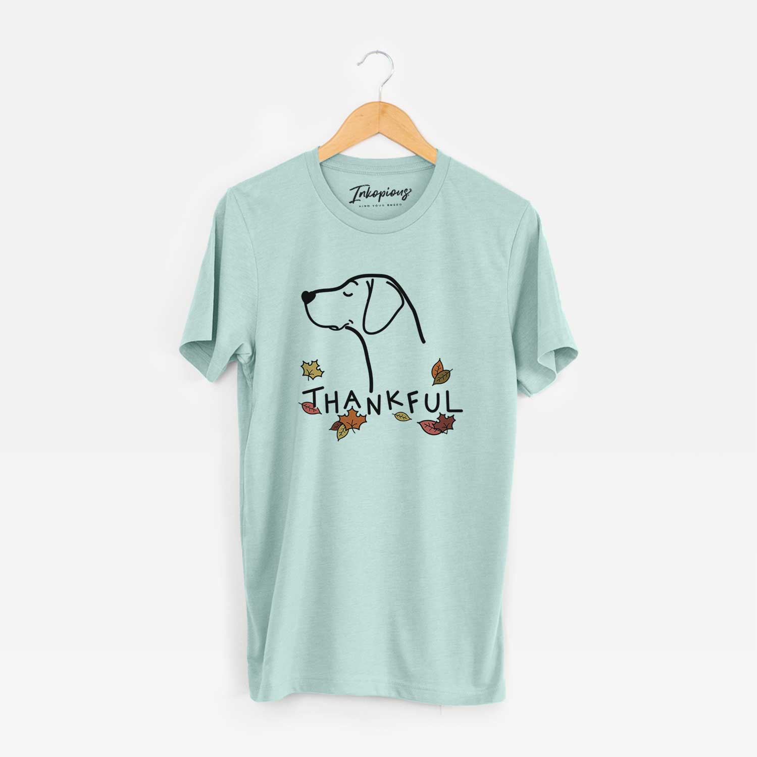 Minimalist line drawing of a German Shorthaired Pointer with 'Thankful' lettering on a Heather Sage Unisex crewneck