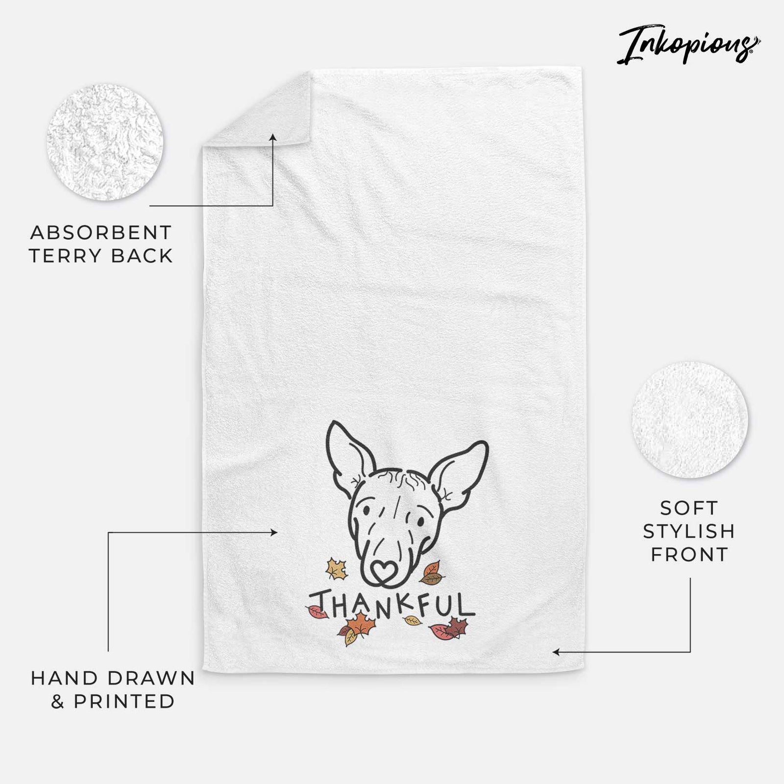 Minimalist line drawing of Georgia the American Hairless Terrier with 'Thankful' lettering on a decorative hand towel