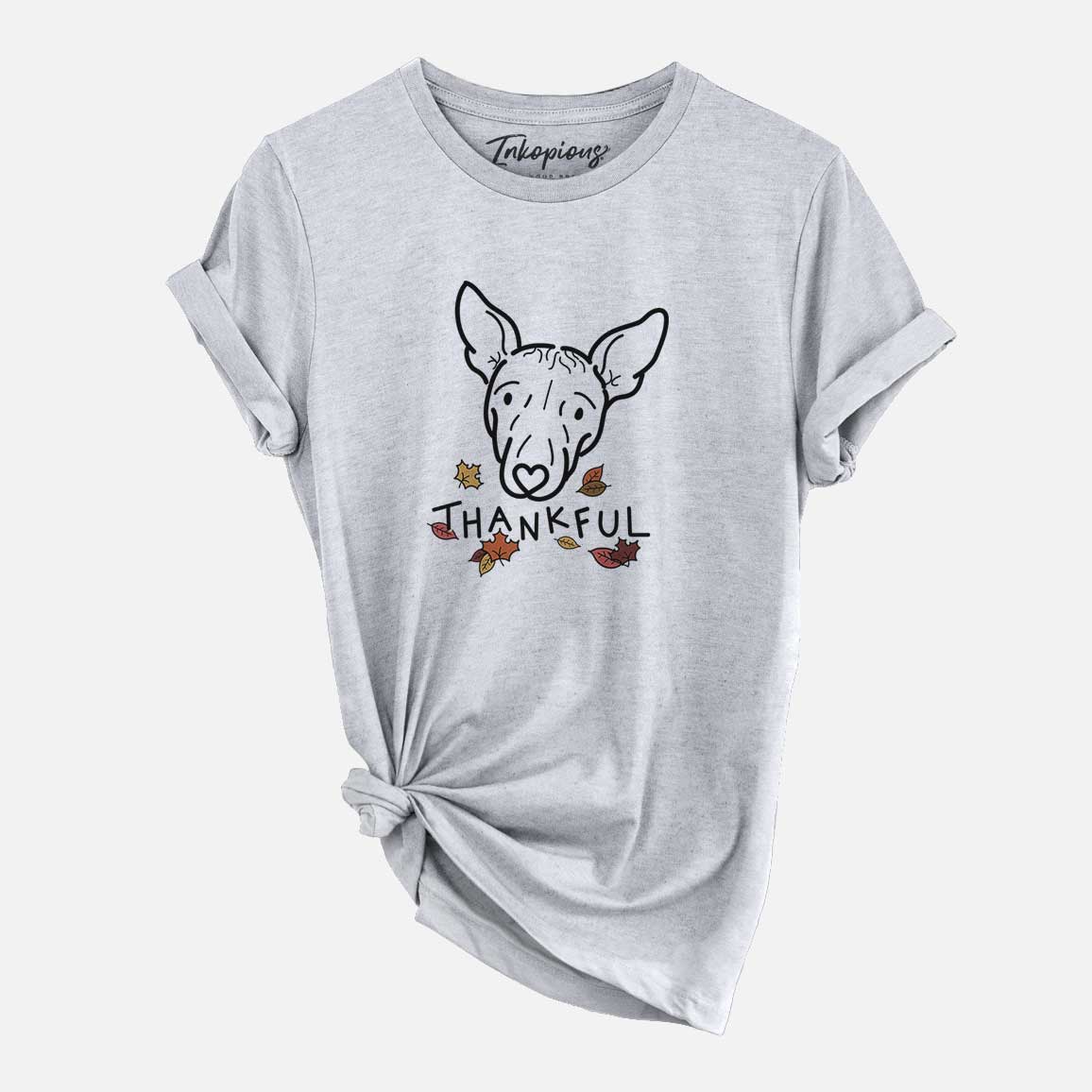 Minimalist line drawing of Georgia the American Hairless Terrier with 'Thankful' lettering on a Grey Unisex crewneck